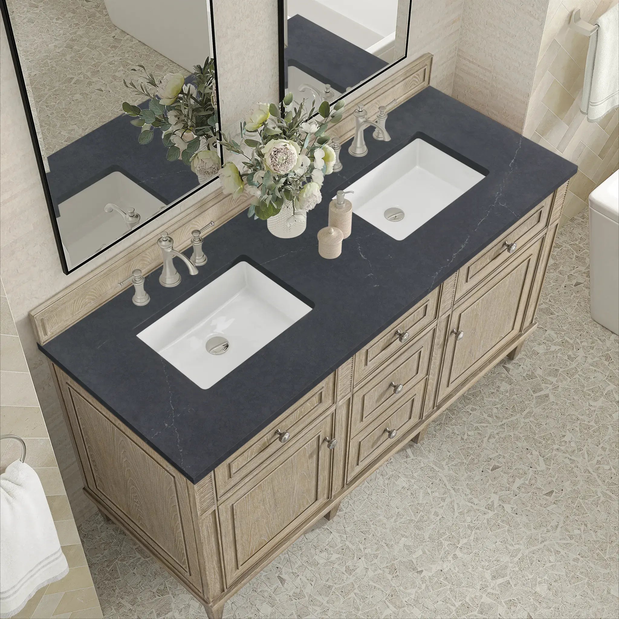 60" Lorelai Double Vanity in Whitewashed Oak-Charcoal Soapstone Silestone-8" Widespread image 6