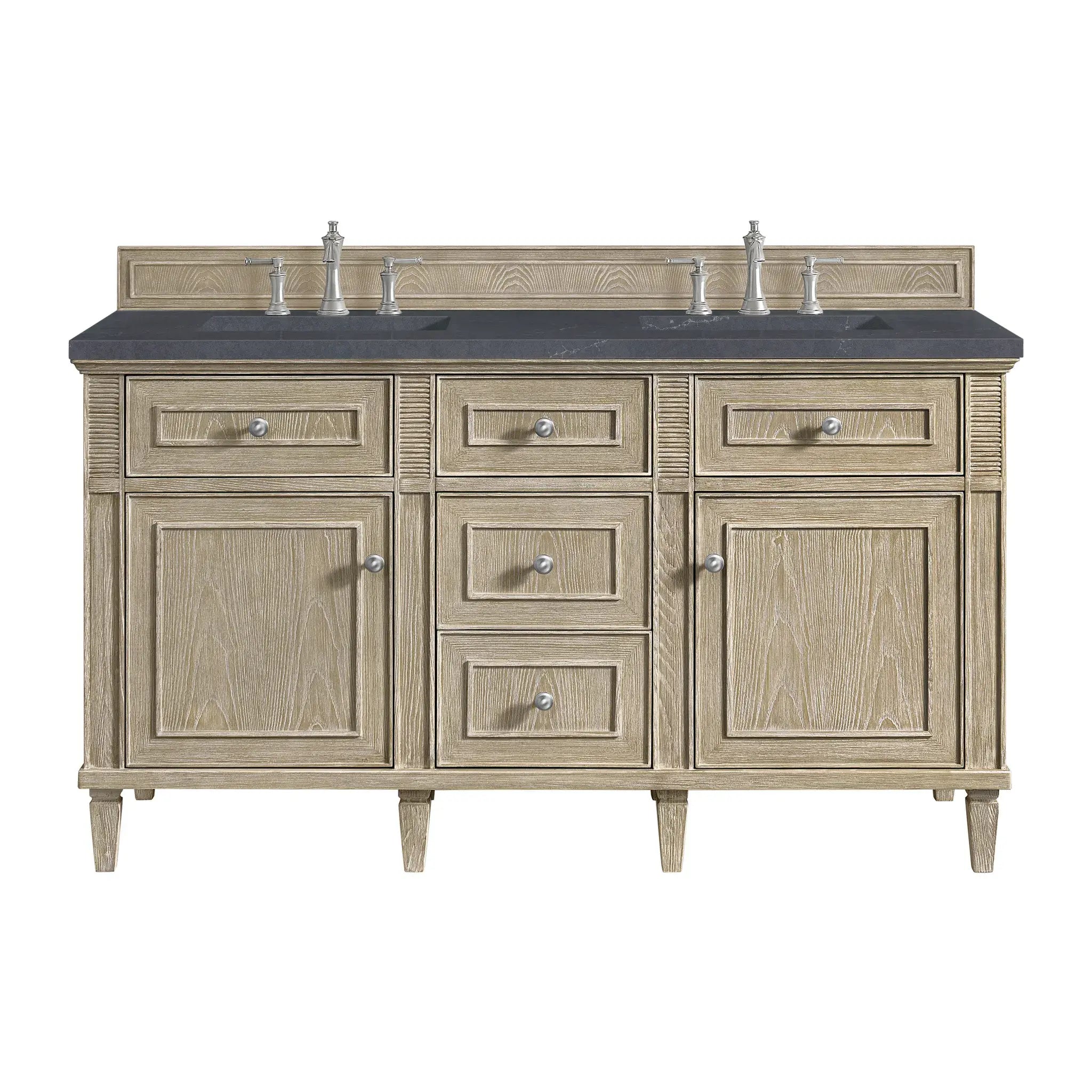 60" Lorelai Double Vanity in Whitewashed Oak-Charcoal Soapstone Silestone-8" Widespread image
