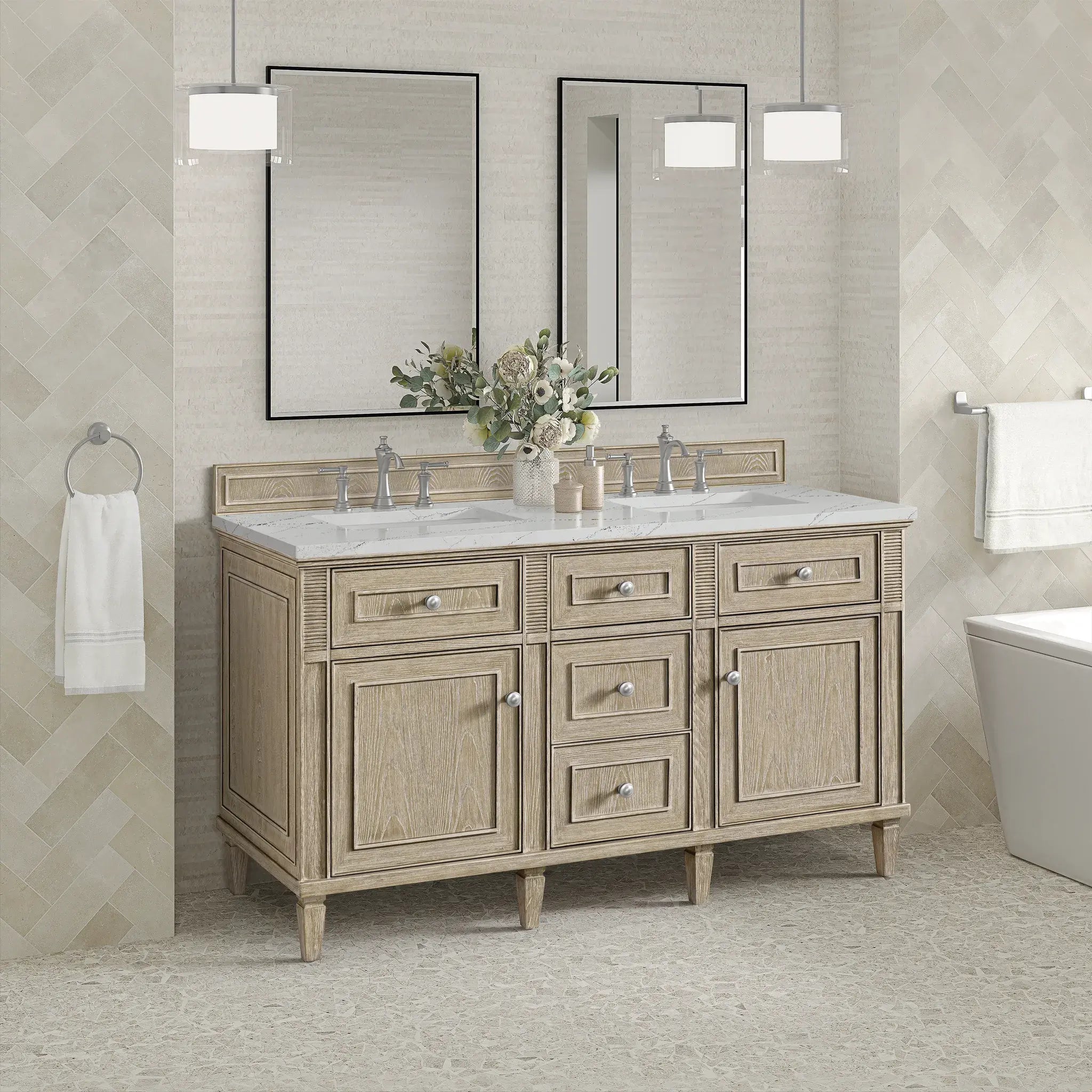 60" Lorelai Double Vanity in Whitewashed Oak-Ethereal Noctis Silestone-8" Widespread image 3