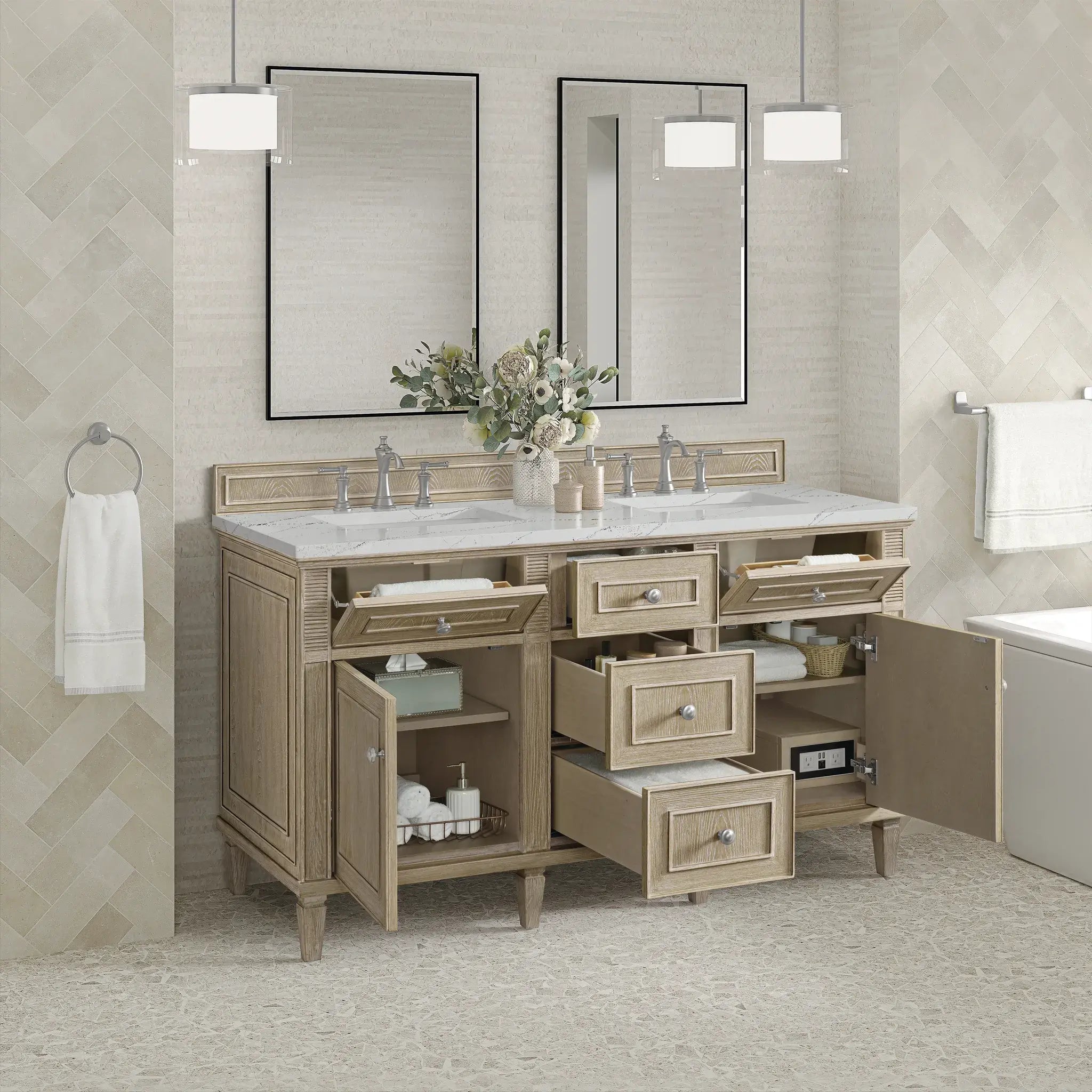 60" Lorelai Double Vanity in Whitewashed Oak-Ethereal Noctis Silestone-8" Widespread image 4