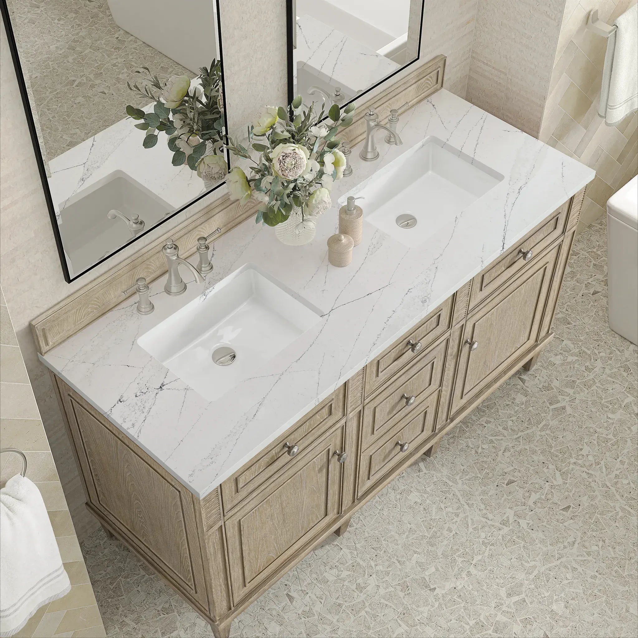 60" Lorelai Double Vanity in Whitewashed Oak-Ethereal Noctis Silestone-8" Widespread image 6