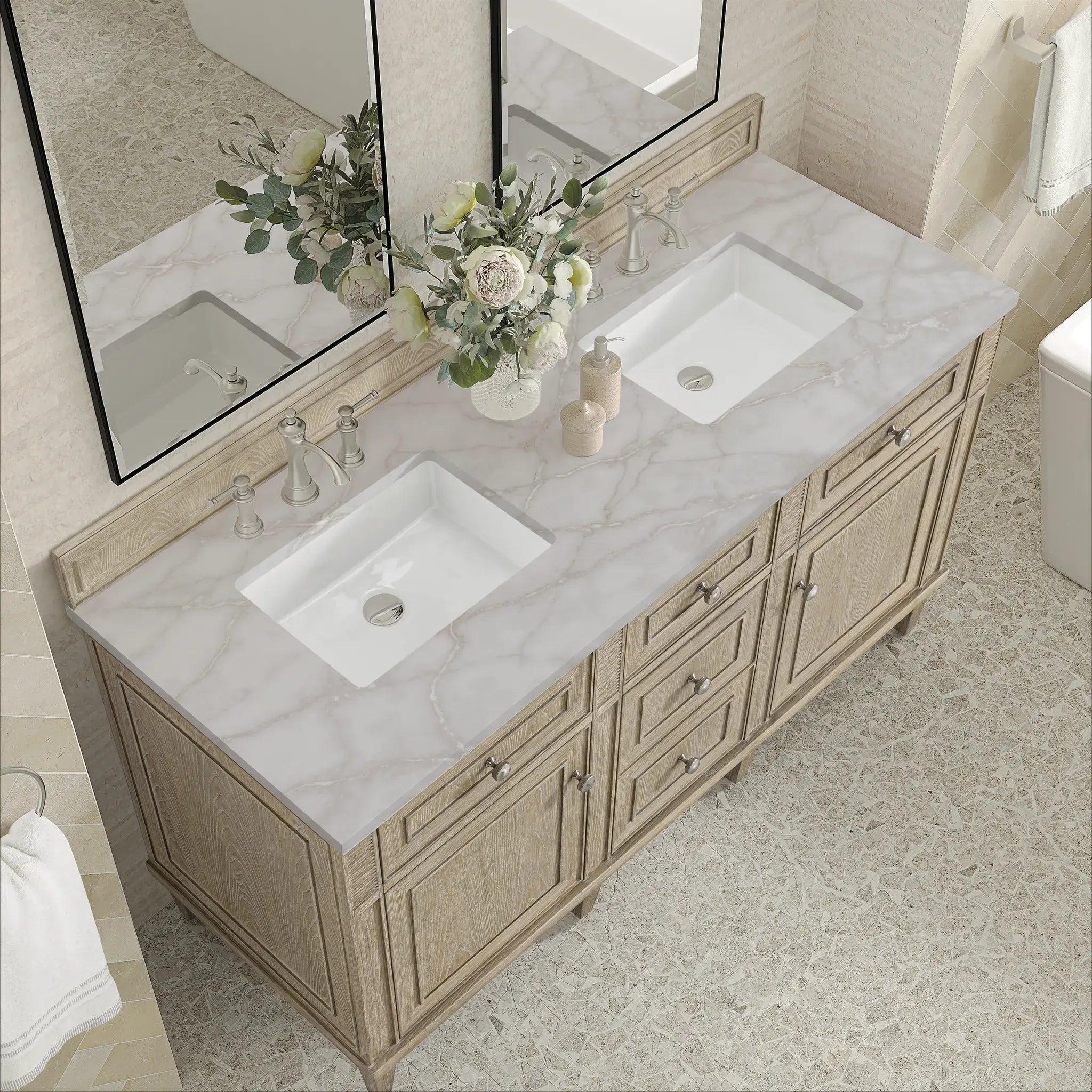60" Lorelai Double Vanity in Whitewashed Oak-Victorian Silver Silestone-8" Widespread image 6