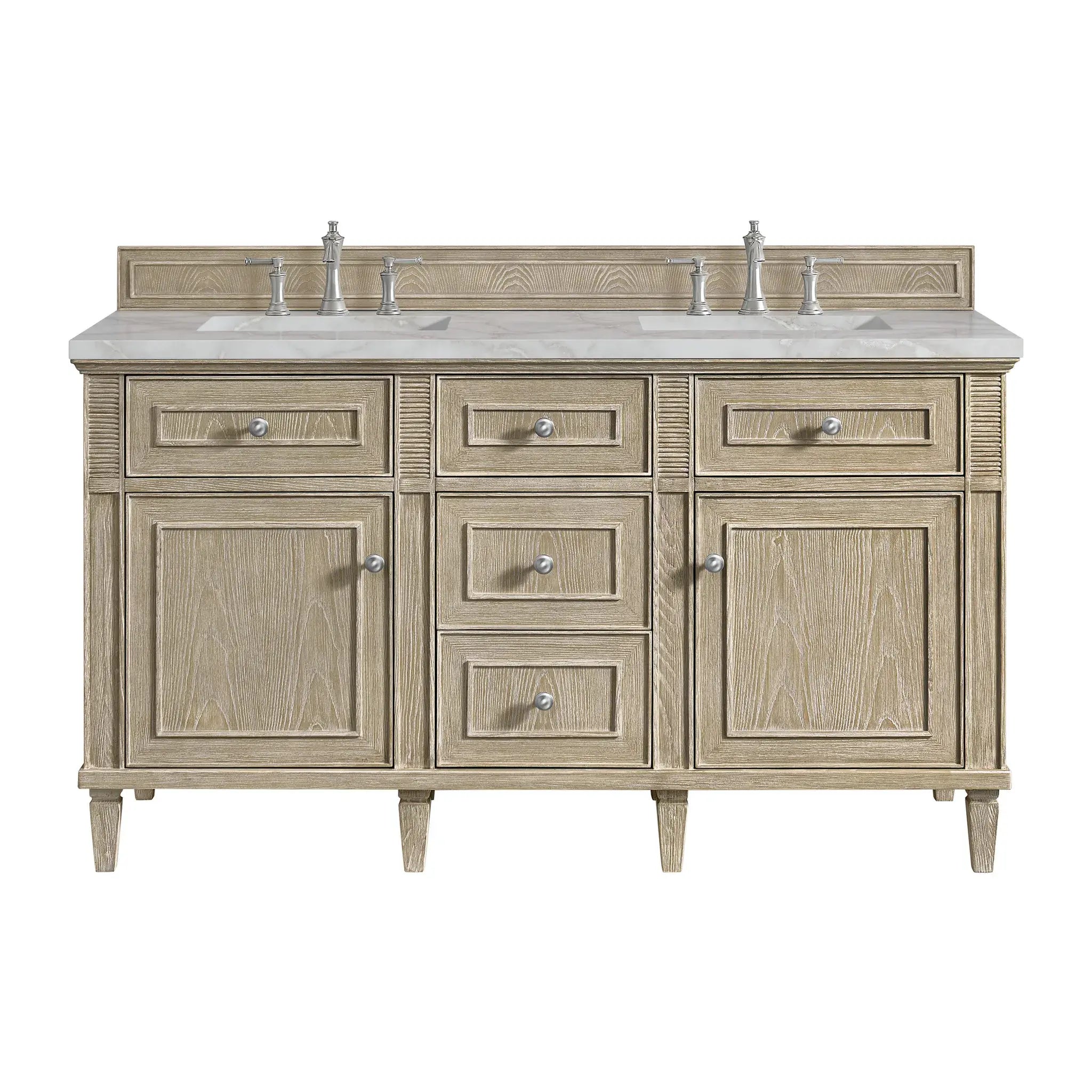 60" Lorelai Double Vanity in Whitewashed Oak-Victorian Silver Silestone-8" Widespread image