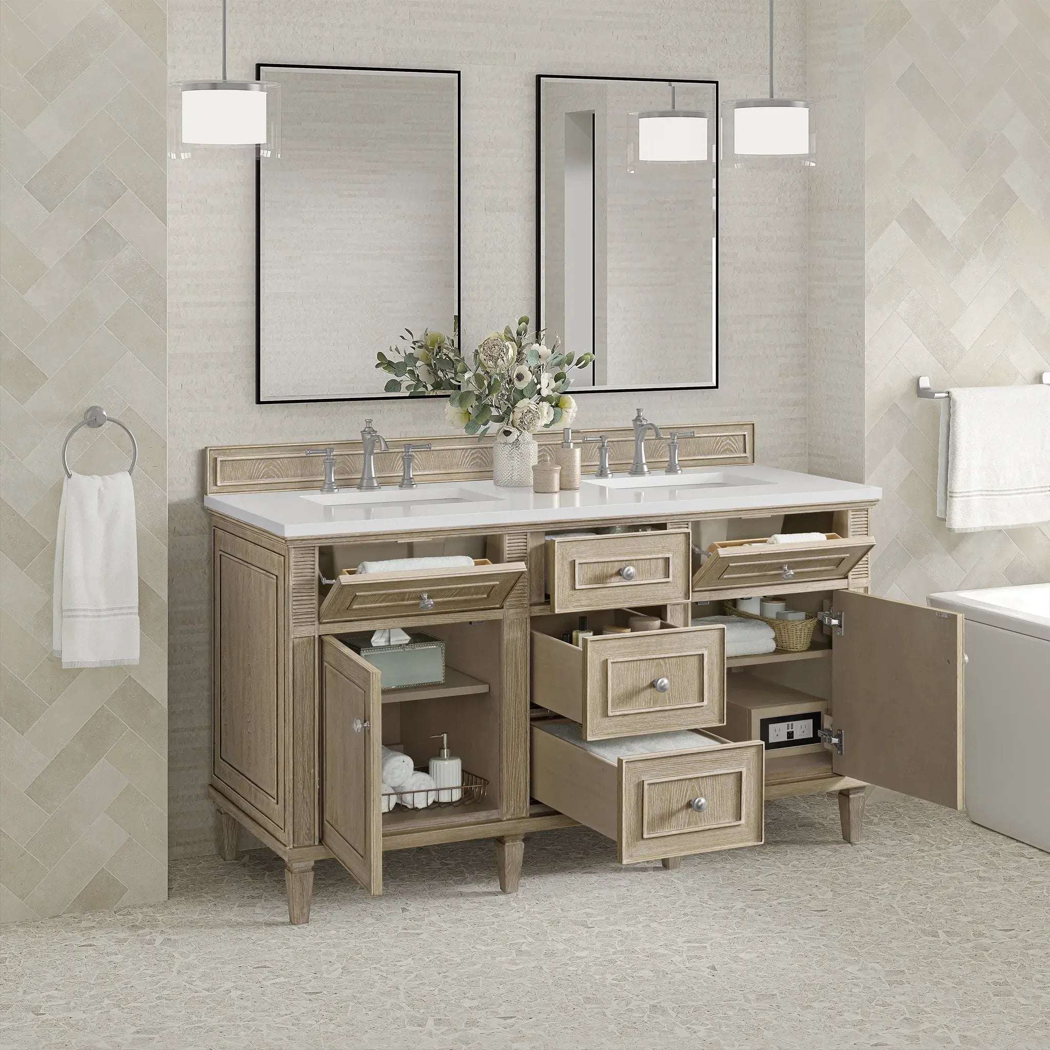 60" Lorelai Double Vanity in Whitewashed Oak-White Zeus Silestone-8" Widespread image 4