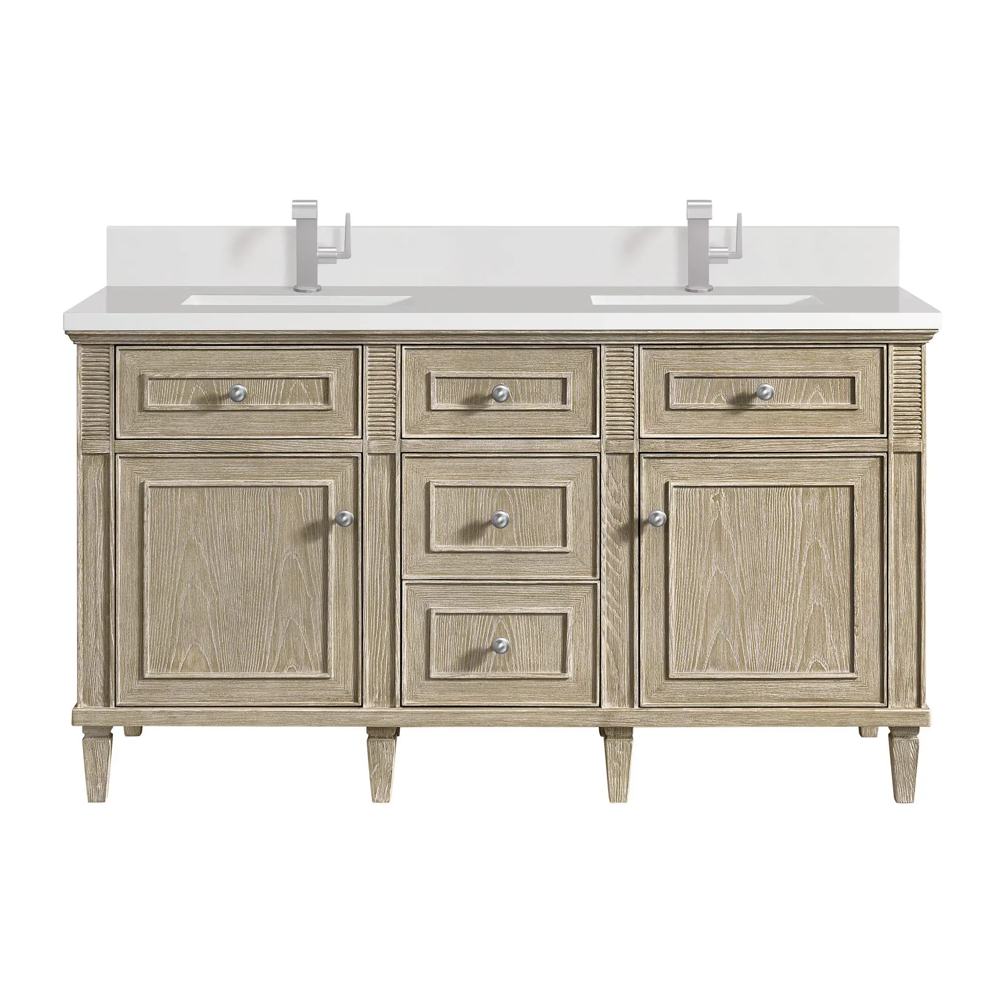 60" Lorelai Double Vanity in Whitewashed Oak-White Zeus Silestone & Backsplash-Single Hole image