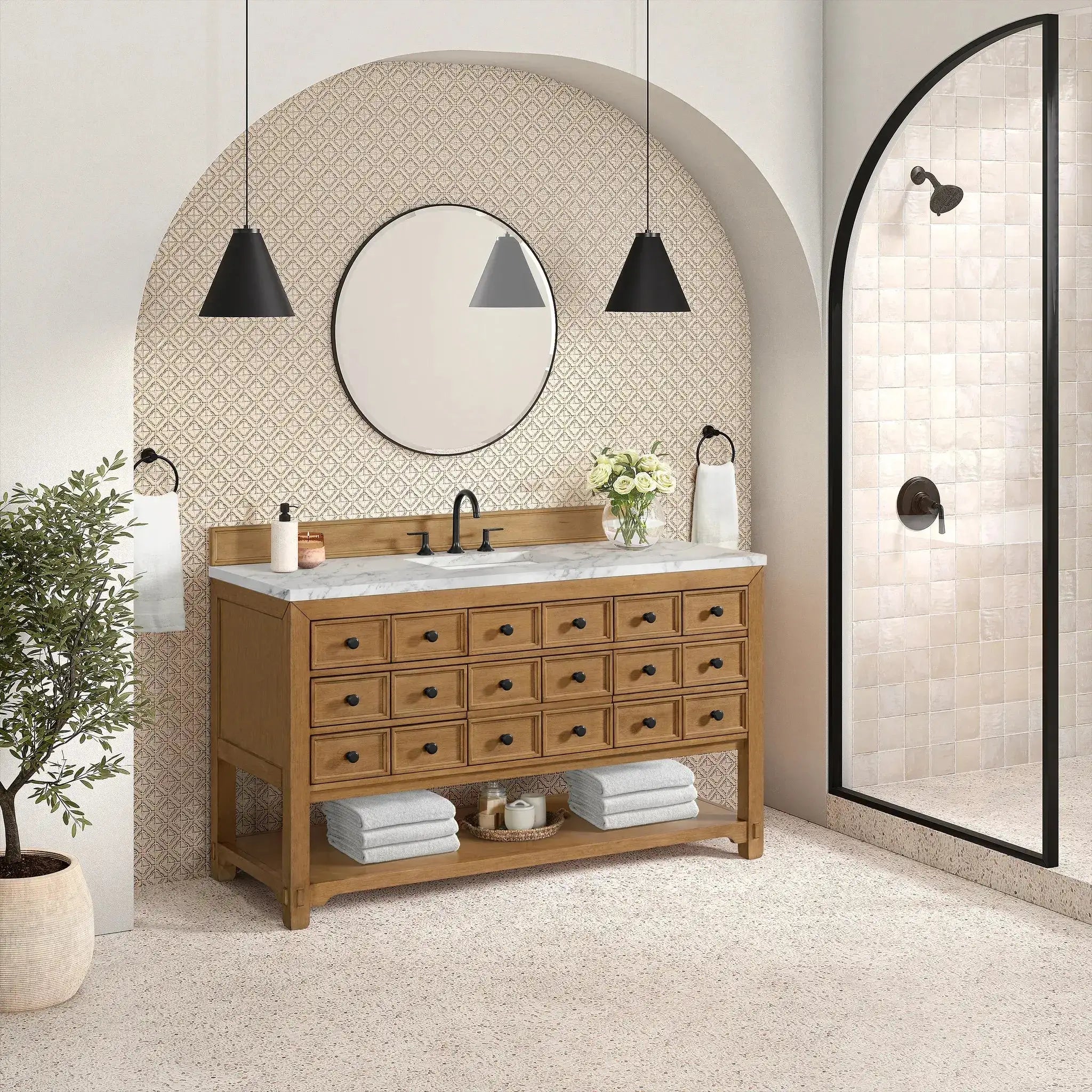 60" Malibu Single Vanity in Amber Birch-Carrara White Marble-8" Widespread image 3 new