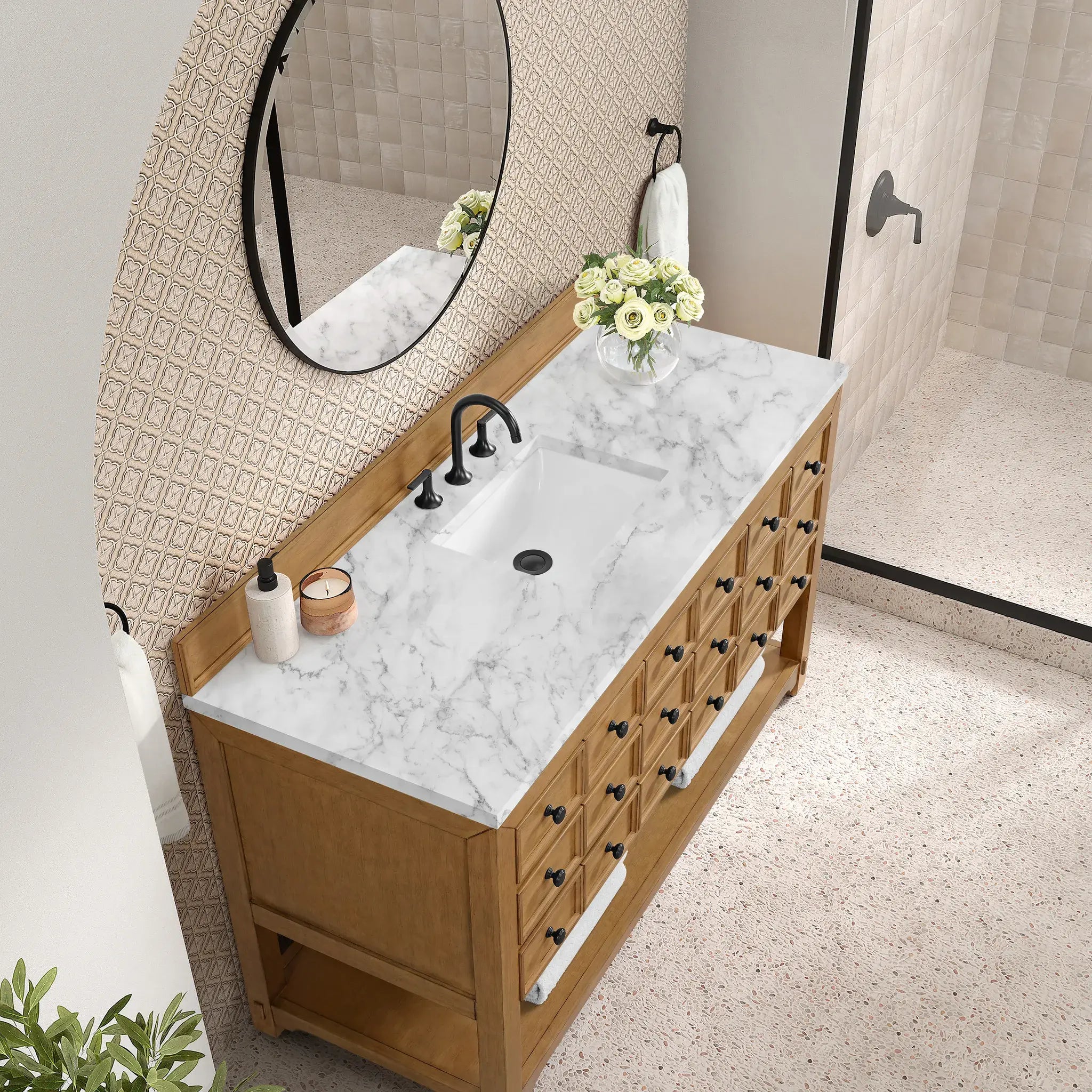 60" Malibu Single Vanity in Amber Birch-Carrara White Marble-8" Widespread image 6