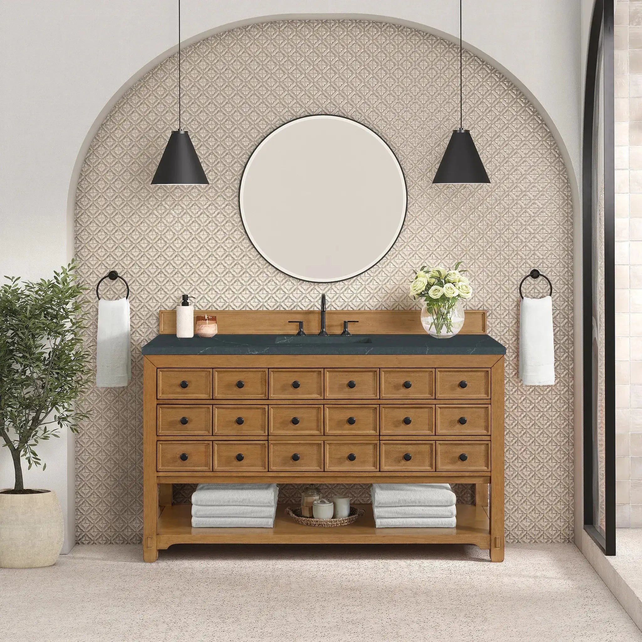 60" Malibu Single Vanity in Amber Birch-Charcoal Soapstone Silestone-8" Widespread image 2 new