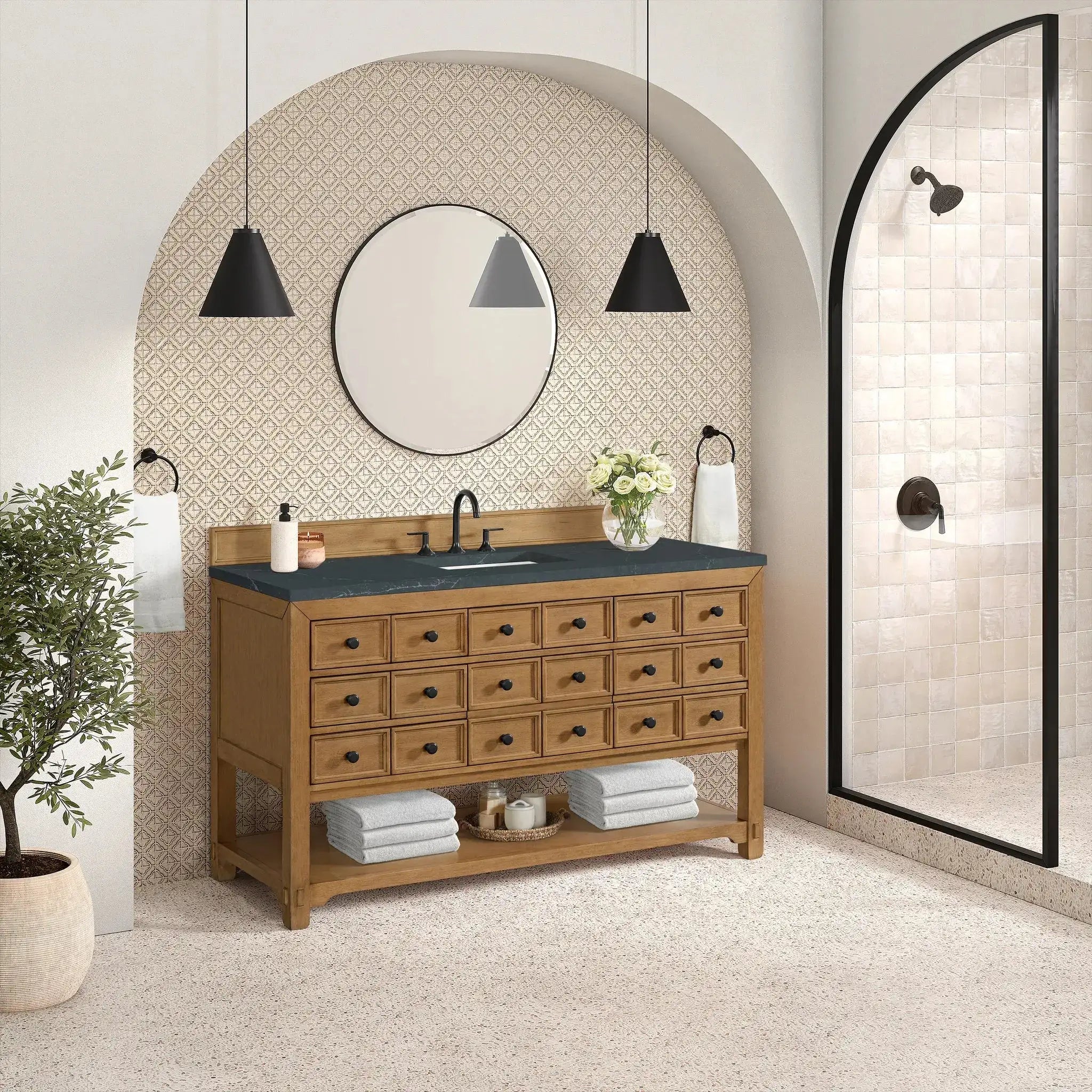 60" Malibu Single Vanity in Amber Birch-Charcoal Soapstone Silestone-8" Widespread image 3 new