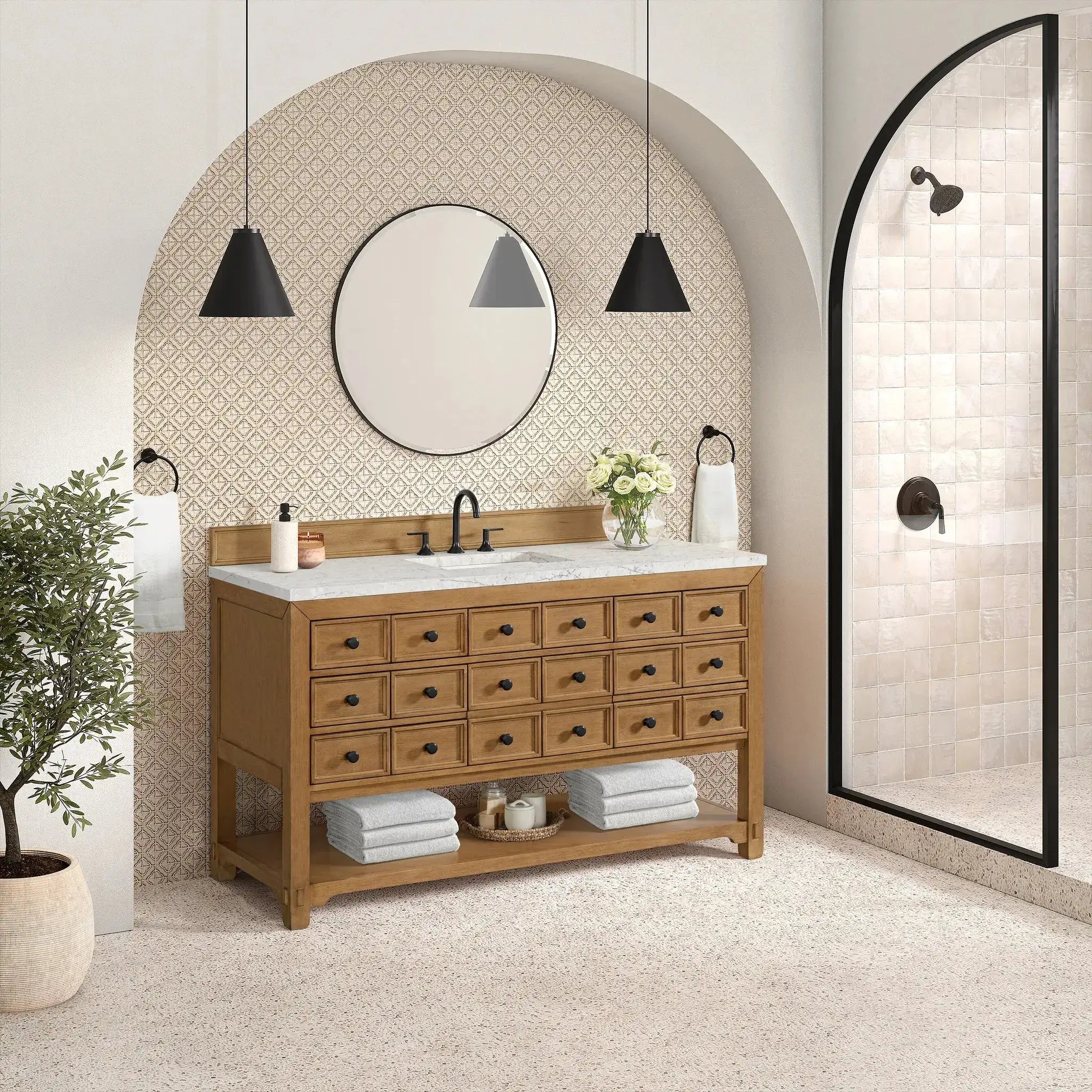 60" Malibu Single Vanity in Amber Birch-Eternal Jasmine Pearl Silestone-8" Widespread image 3 new