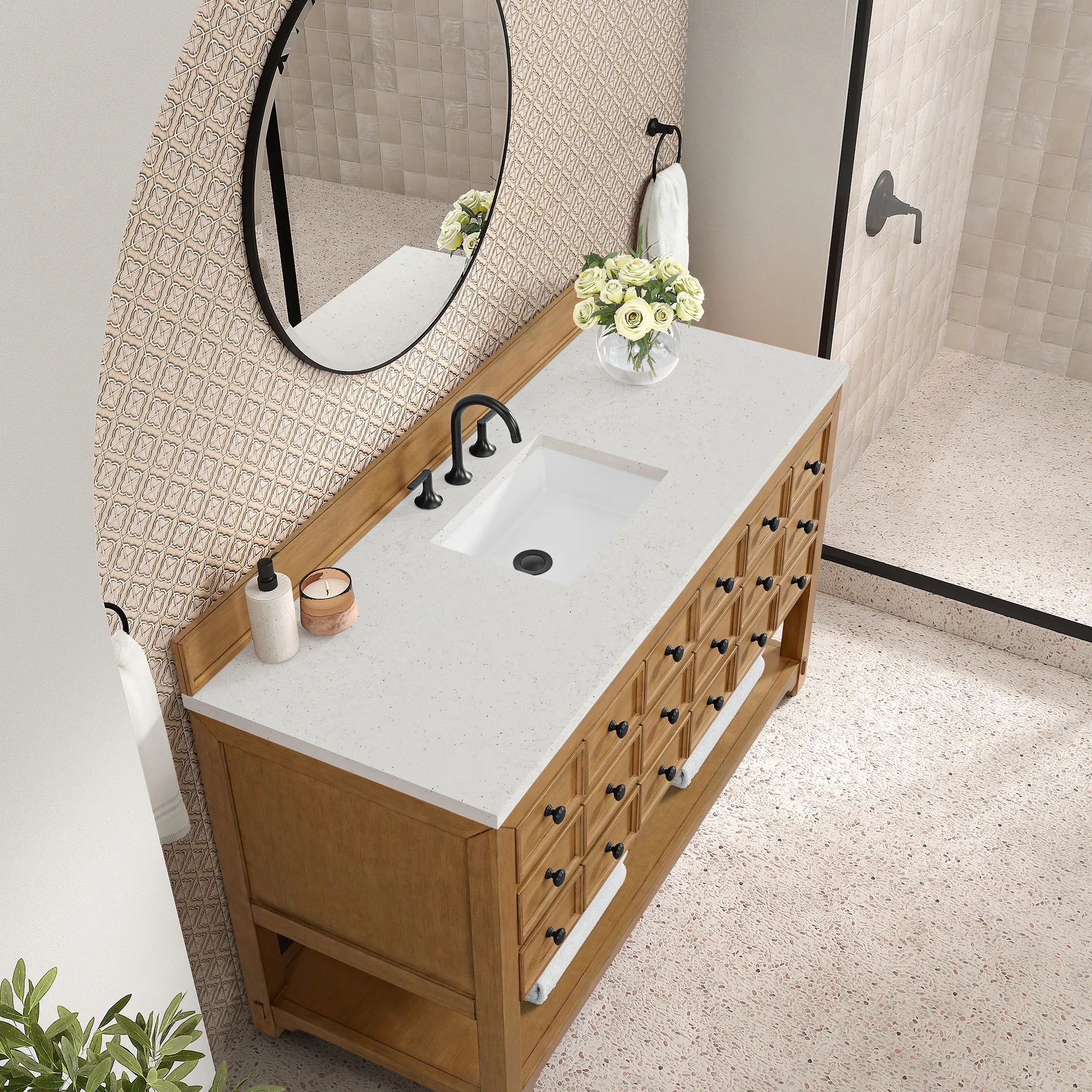 60" Malibu Single Vanity in Amber Birch-Lime Delight Silestone-8" Widespread image 6