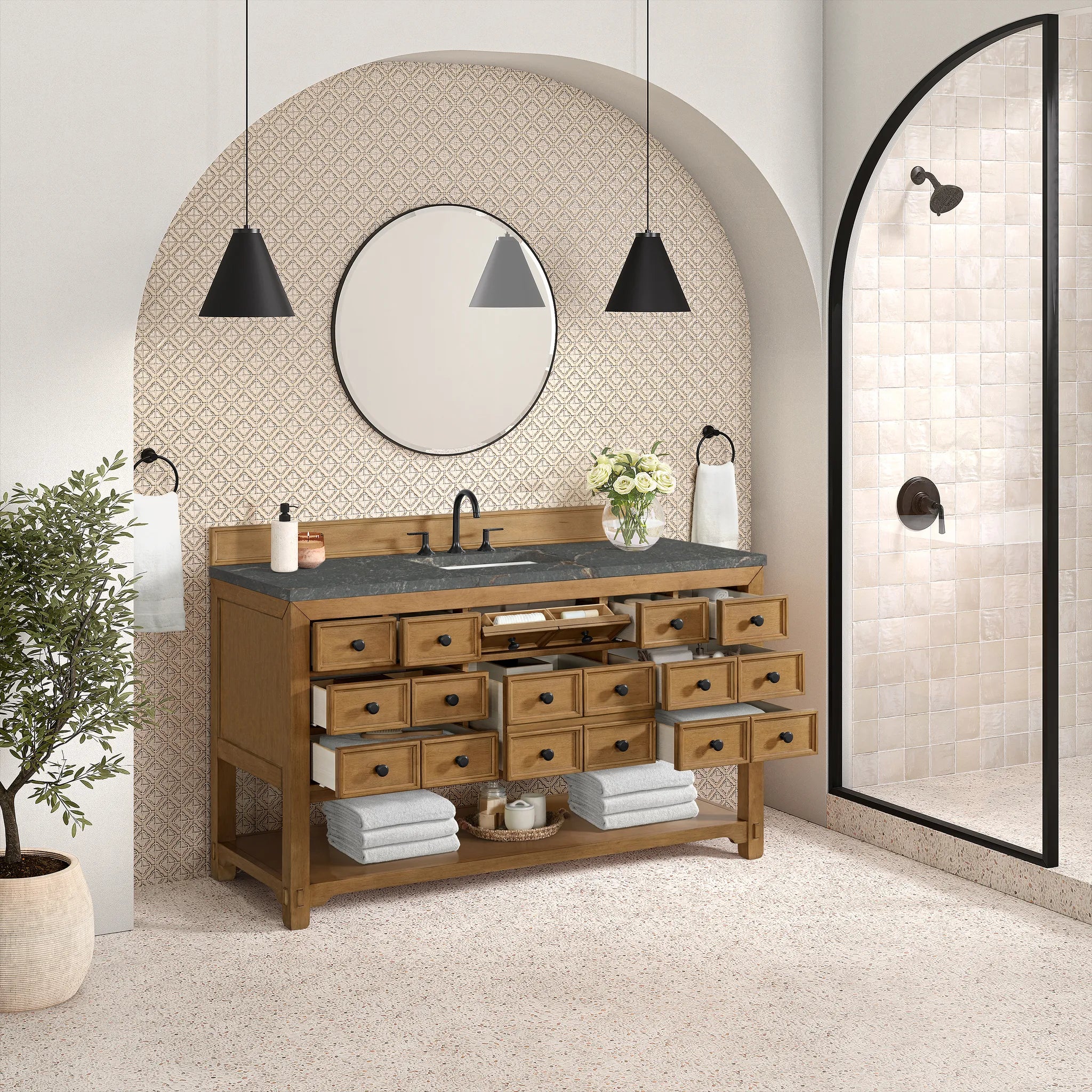 60" Malibu Single Vanity in Amber Birch-Parisien Bleu Silestone-8" Widespread image 4