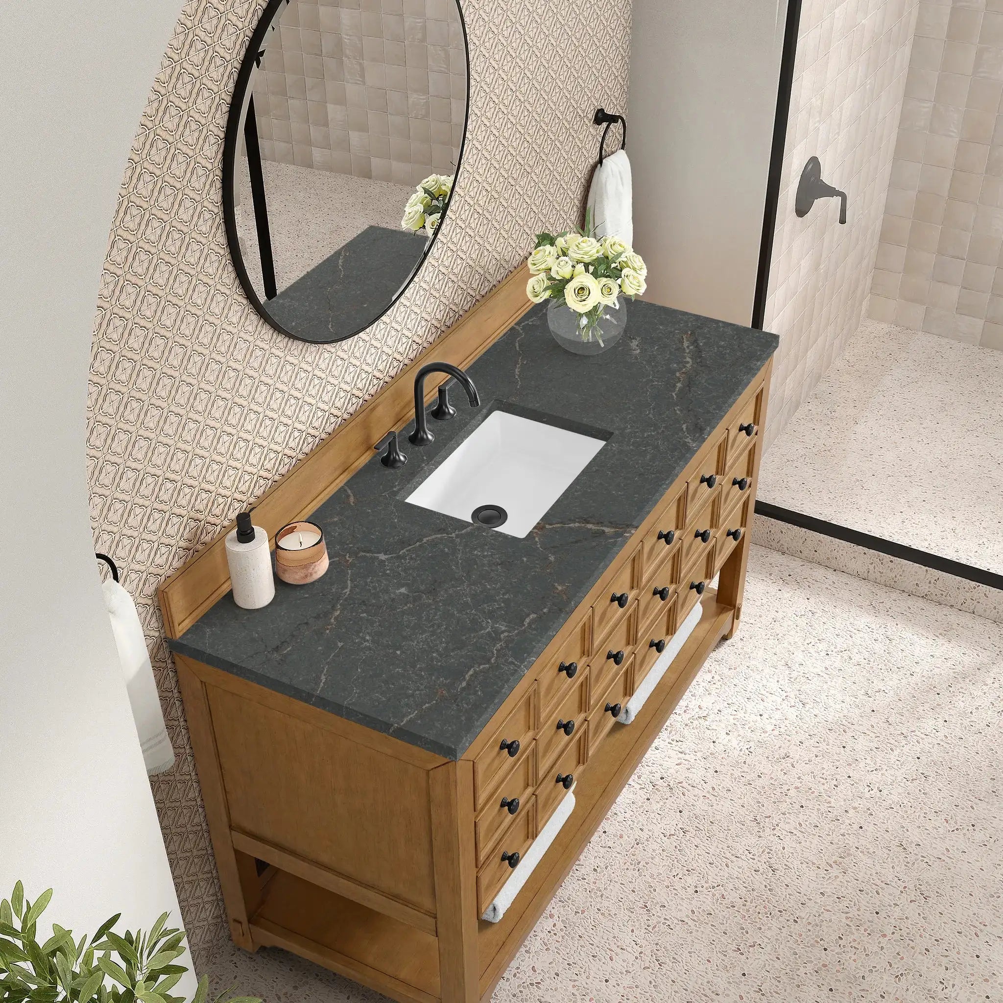 60" Malibu Single Vanity in Amber Birch-Parisien Bleu Silestone-8" Widespread image 6 new