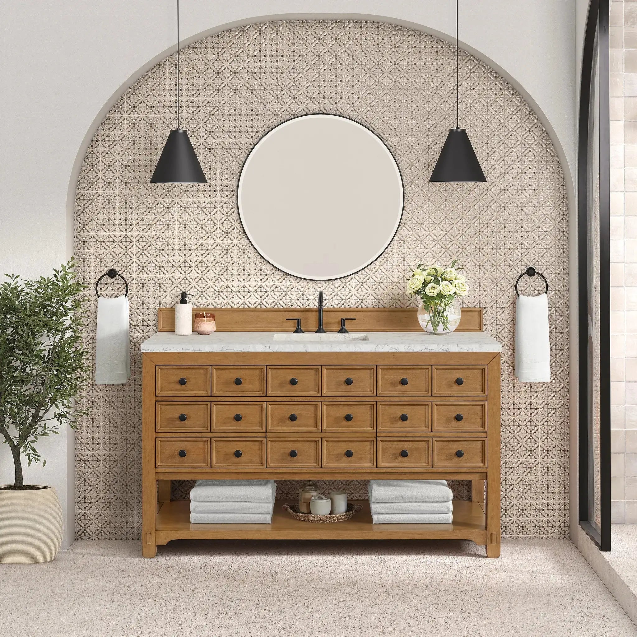 60" Malibu Single Vanity in Amber Birch w/FreePower Wireless Charger-Eternal Jasmine Pearl Silestone-8" Widespread image 4 new