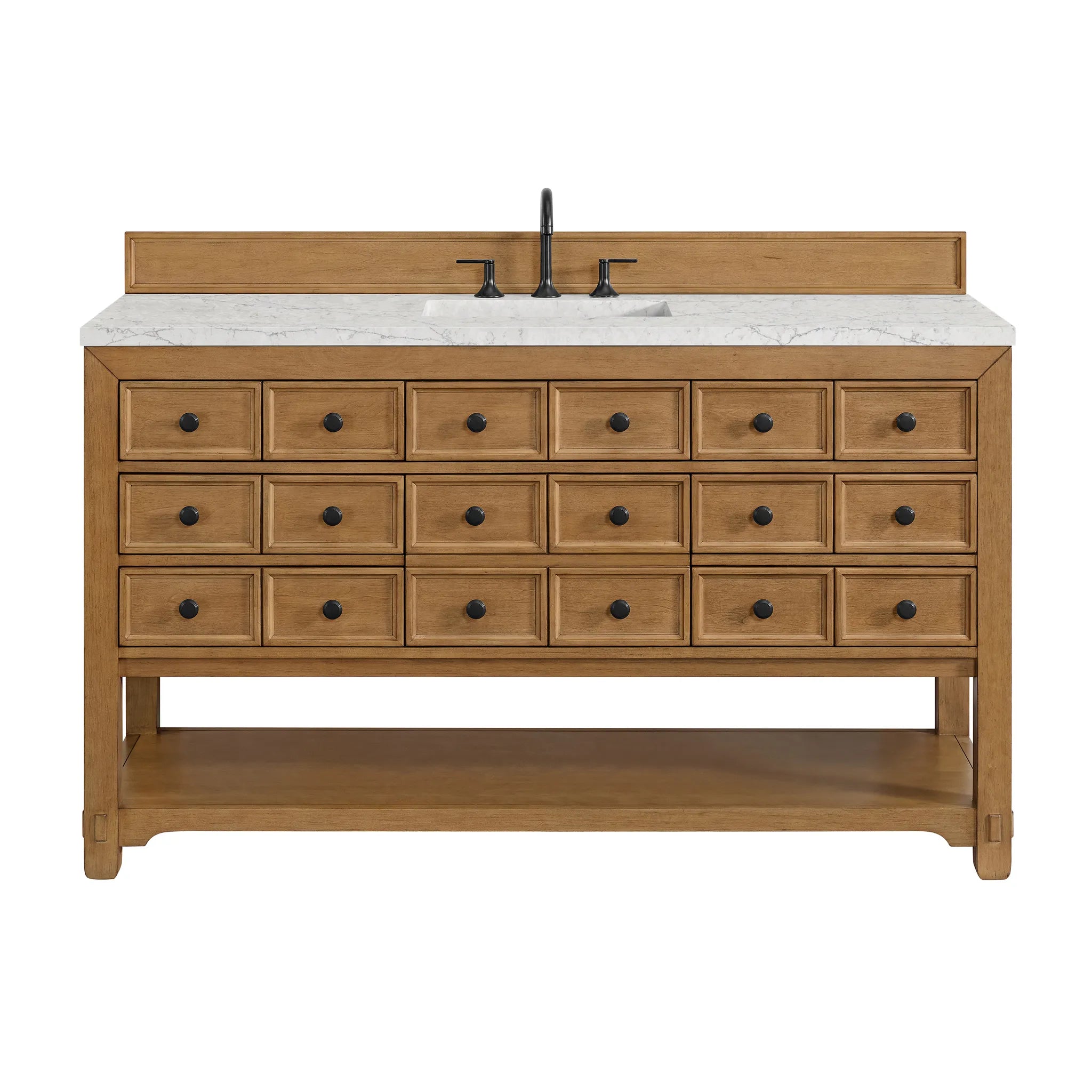 60" Malibu Single Vanity in Amber Birch w/FreePower Wireless Charger-Eternal Jasmine Pearl Silestone-8" Widespread image