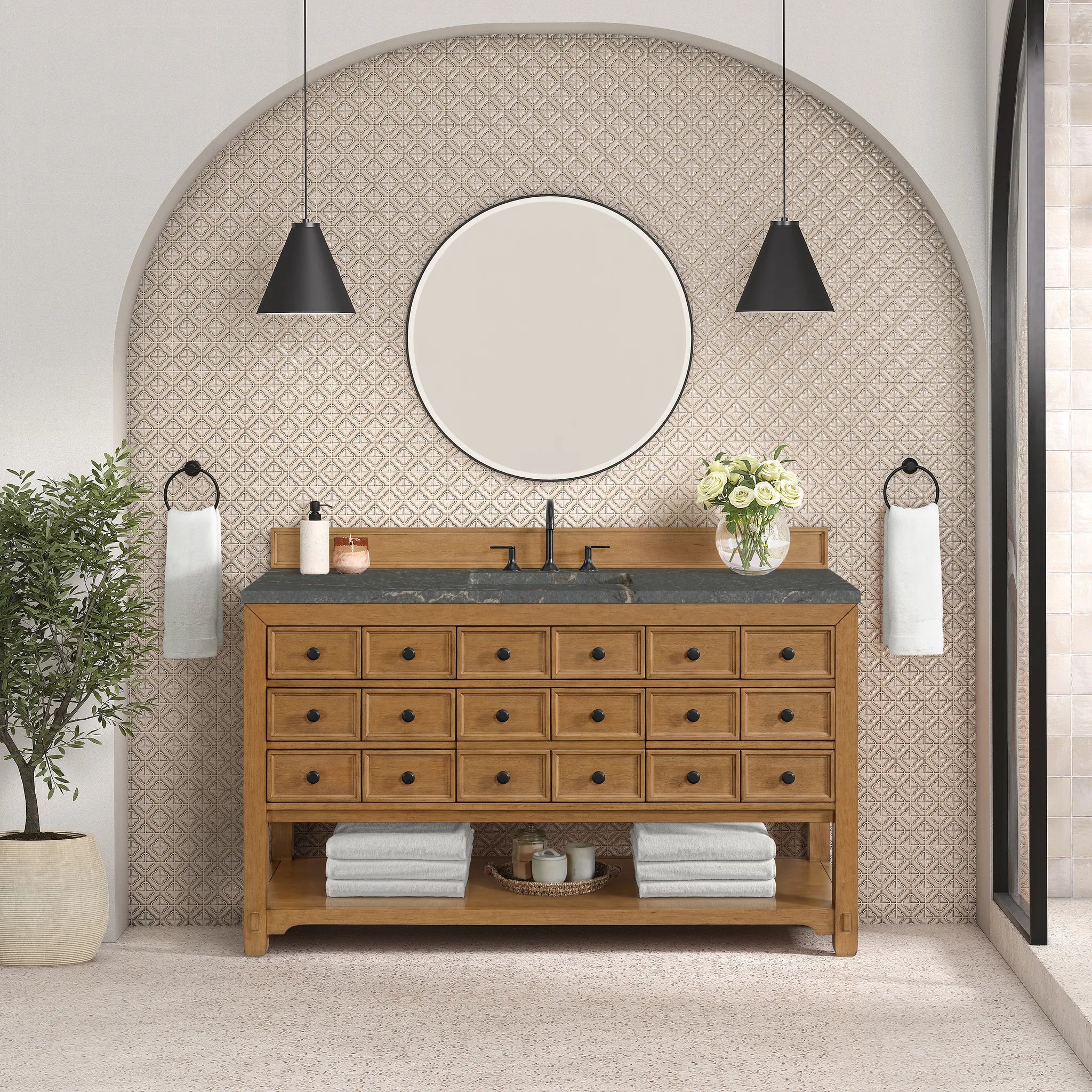 60" Malibu Single Vanity in Amber Birch w/FreePower Wireless Charger-Parisien Bleu Silestone-8" Widespread image 4