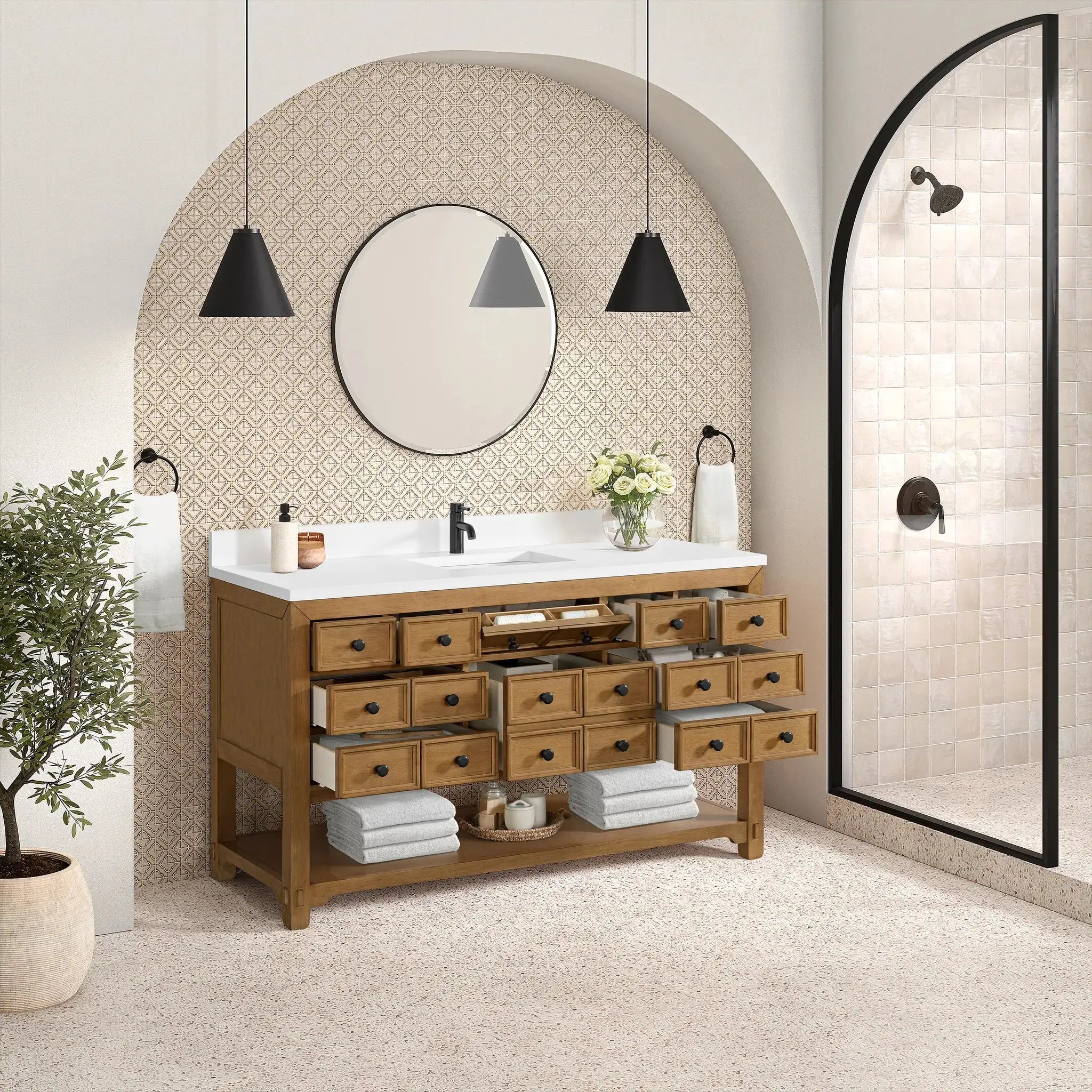 60" Malibu Single Vanity in Amber Birch-White Zeus Silestone & Backsplash-Single Hole image 4 new