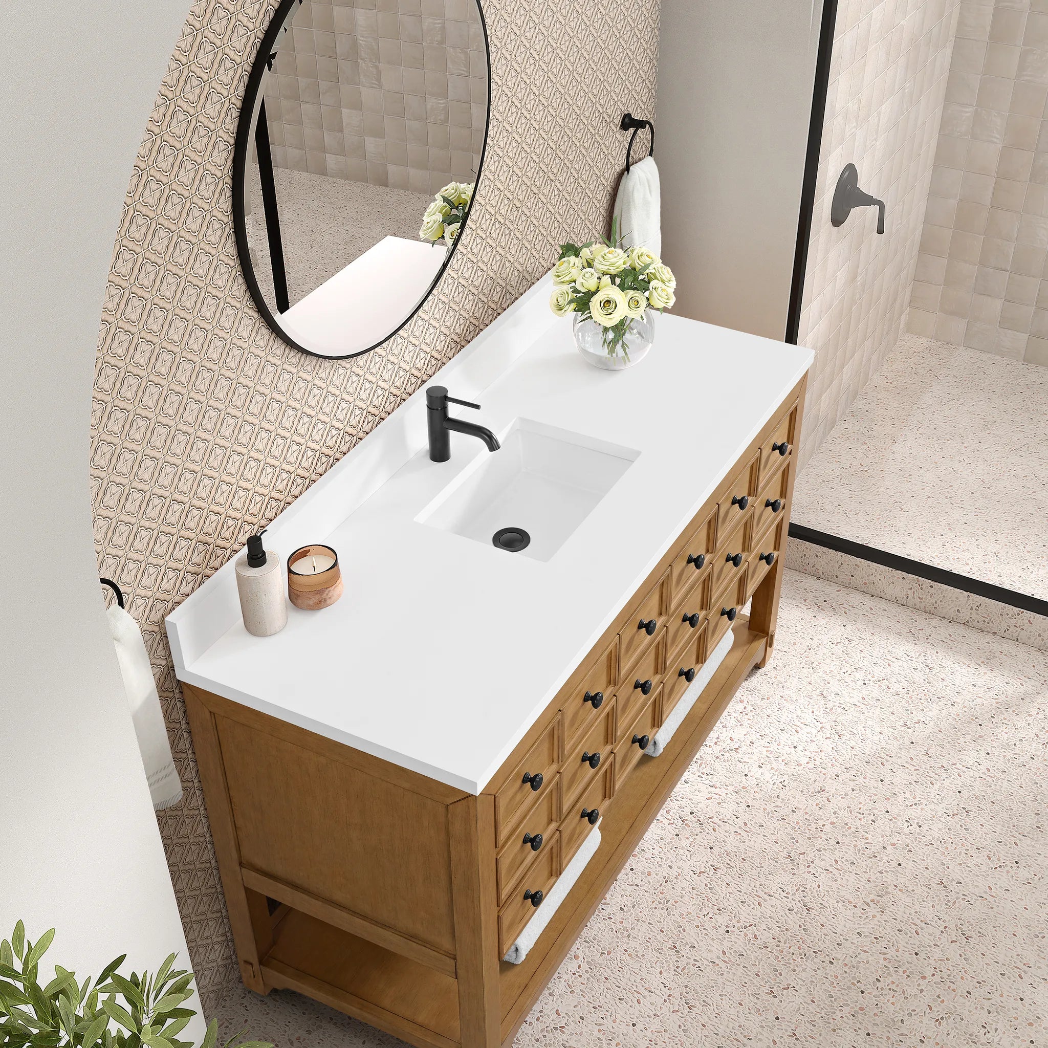 60" Malibu Single Vanity in Amber Birch-White Zeus Silestone & Backsplash-Single Hole image 6
