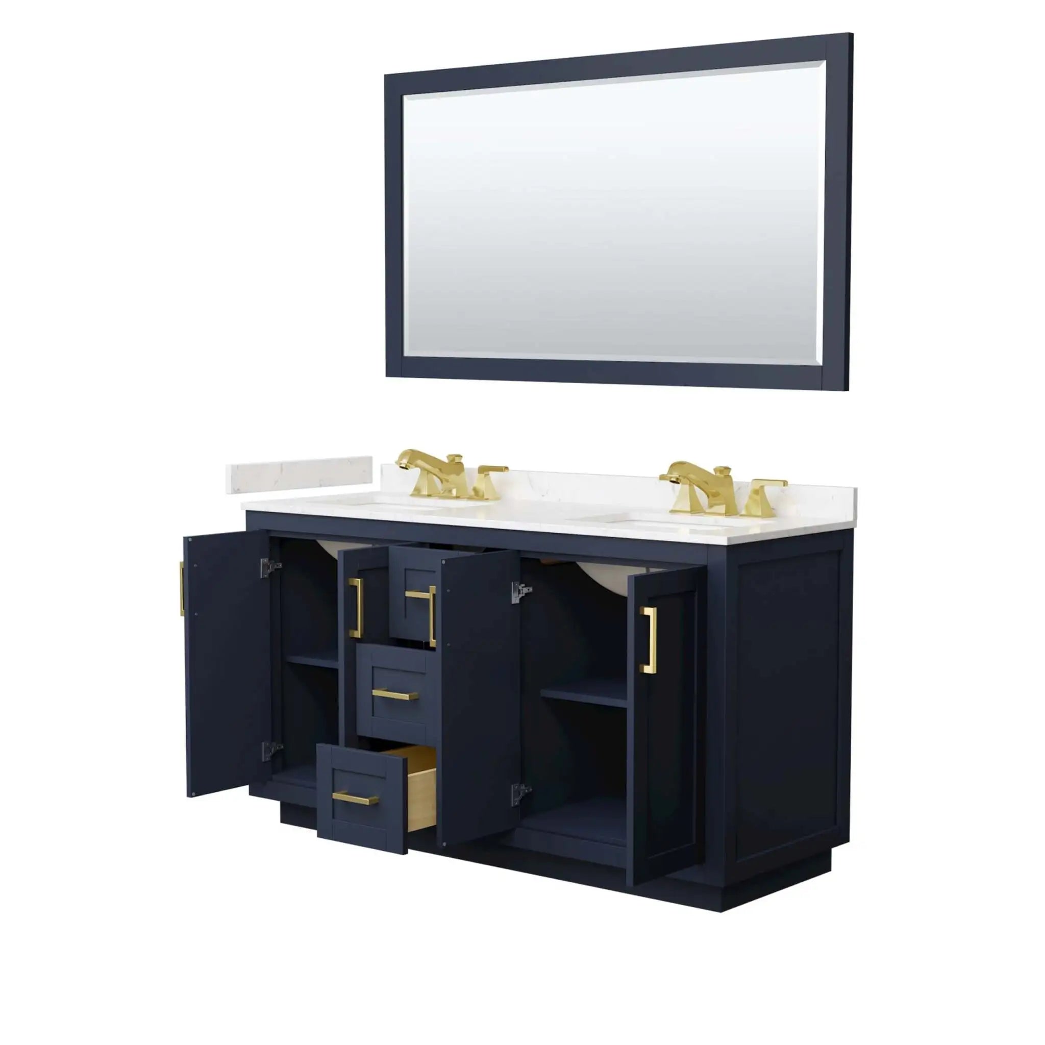 60" Miranda Double Bathroom Vanity in Dark Blue with Brushed Gold Trim & 58" Mirror by Wyndham