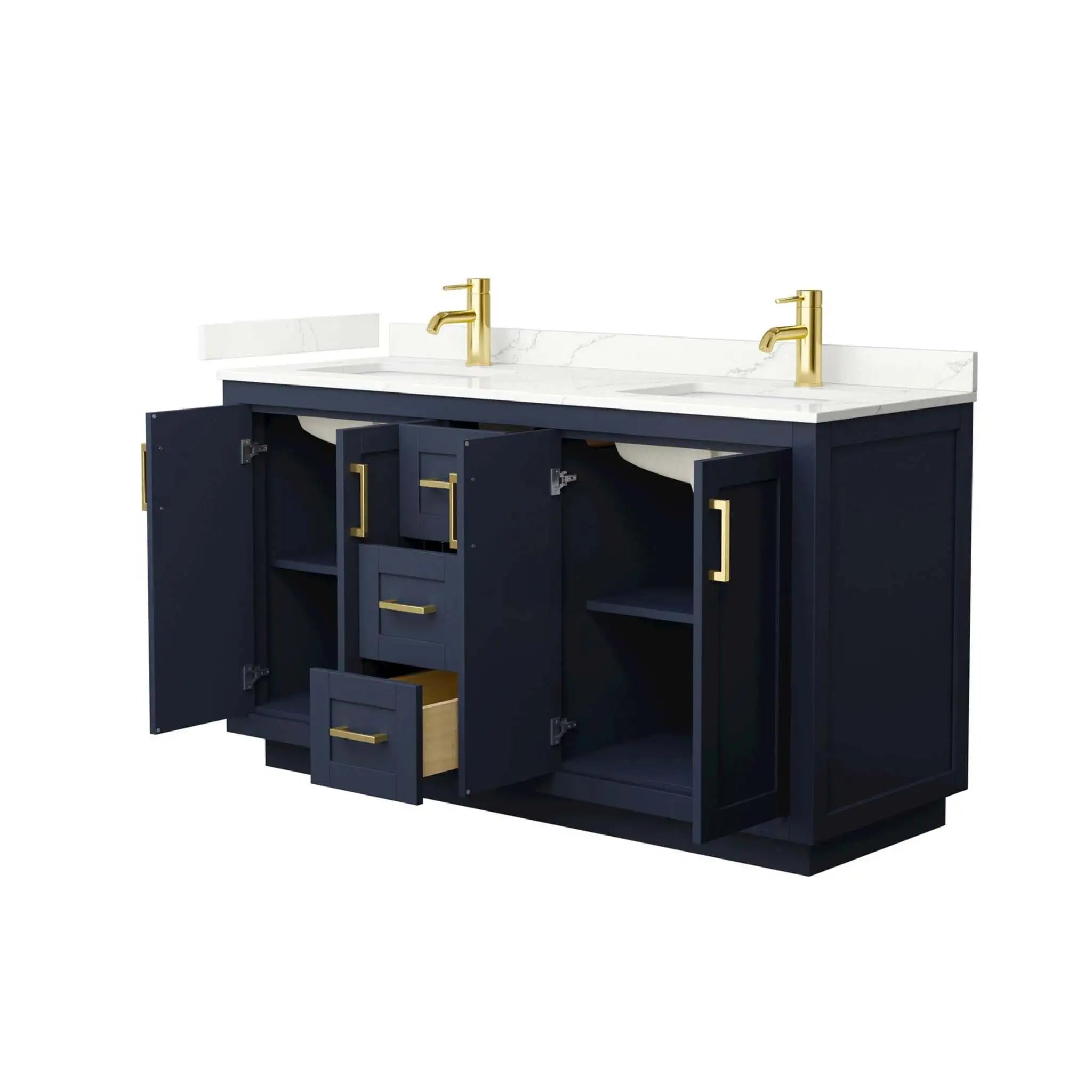 60" Miranda Double Bathroom Vanity in Dark Blue with Brushed Gold Trim by Wyndham