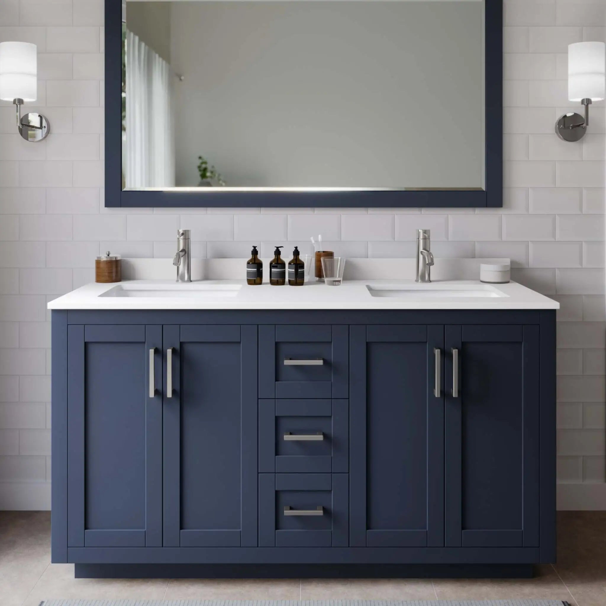 60" Miranda Double Bathroom Vanity in Dark Blue with Brushed Nickel Trim & 58" Mirror by Wyndham