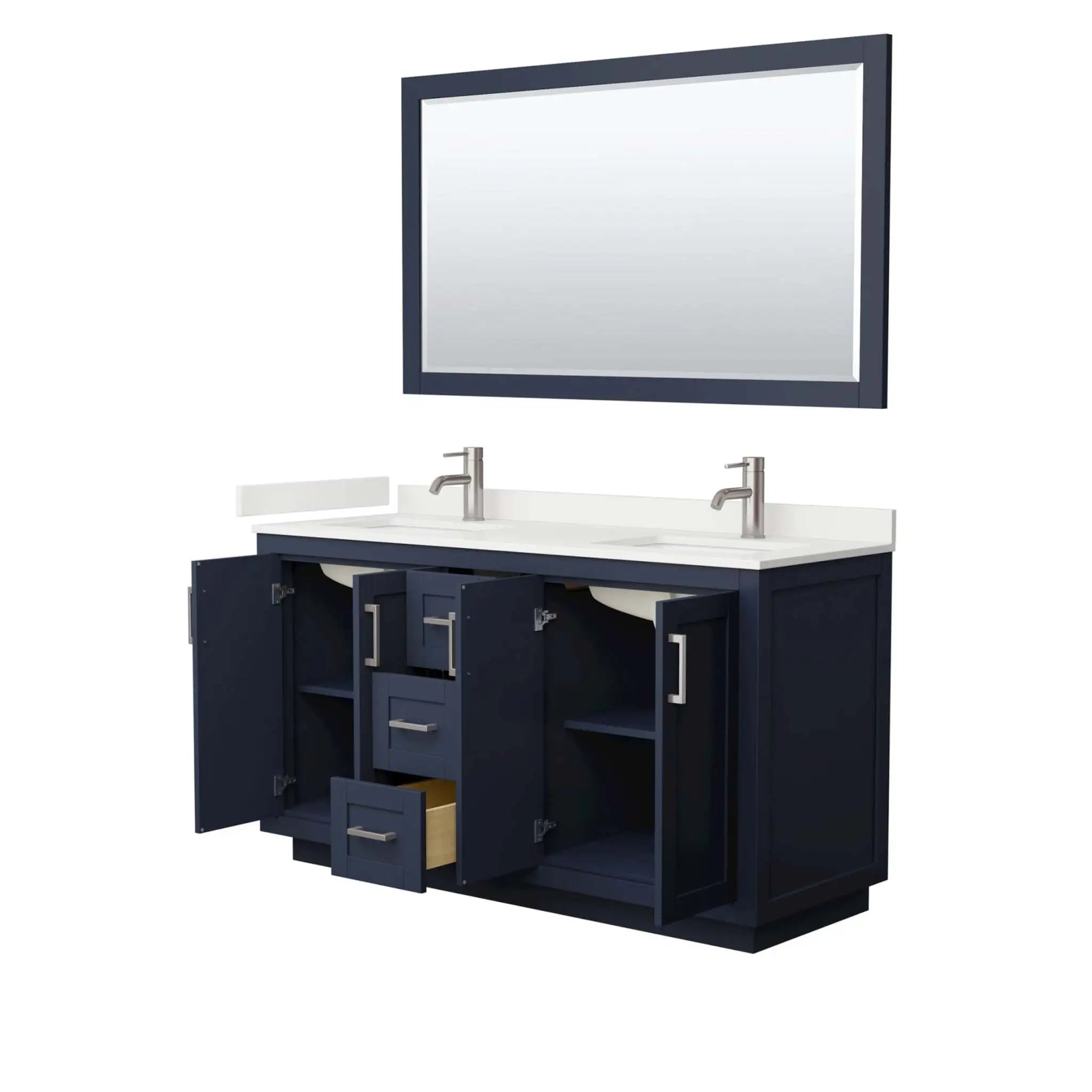 60" Miranda Double Bathroom Vanity in Dark Blue with Brushed Nickel Trim & 58" Mirror by Wyndham