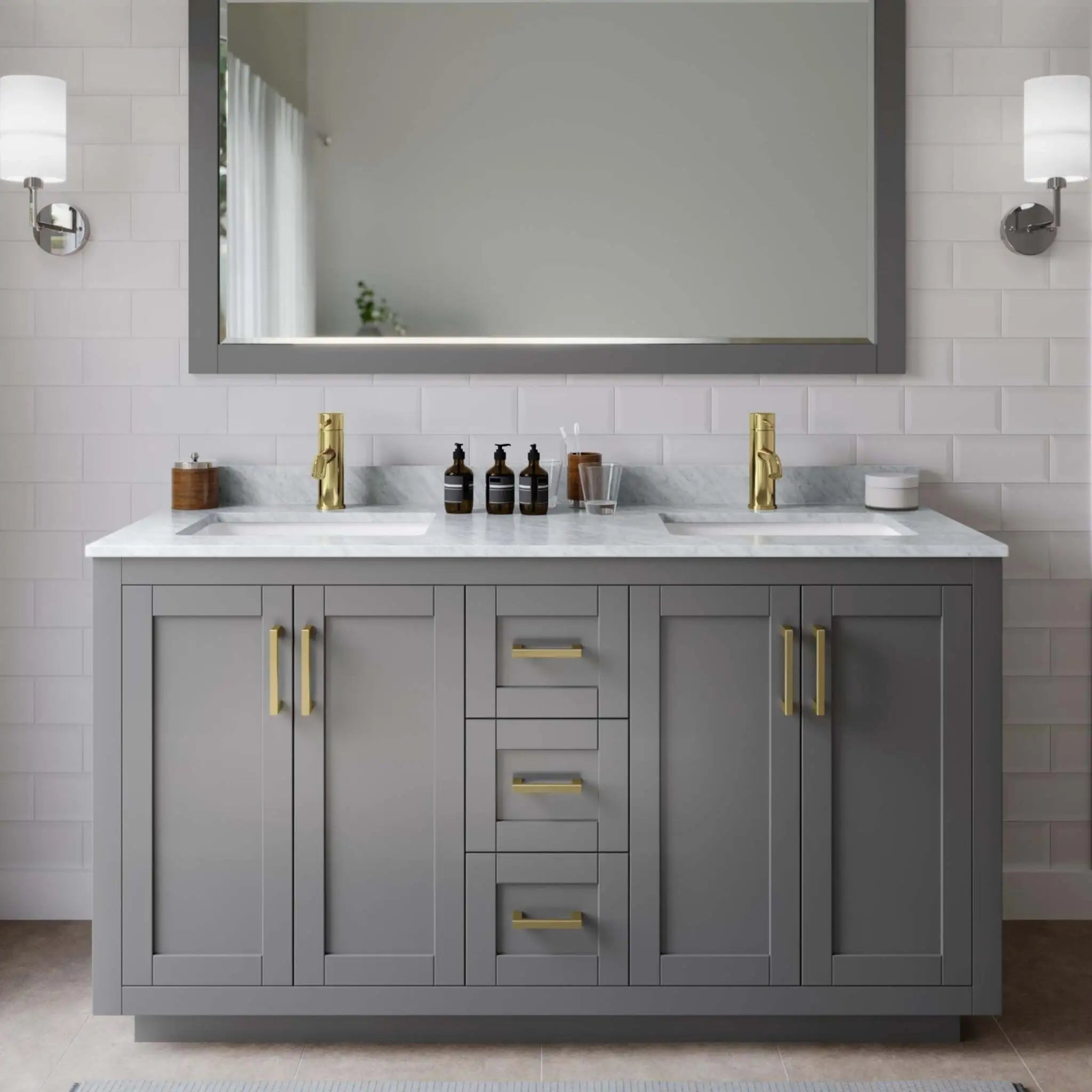 60" Miranda Double Bathroom Vanity in Dark Gray with Brushed Gold Trim & 58" Mirror by Wyndham