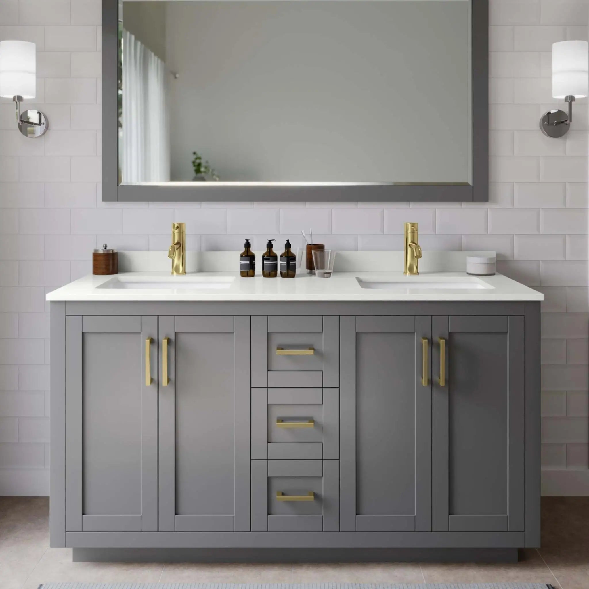 60" Miranda Double Bathroom Vanity in Dark Gray with Brushed Gold Trim & 58" Mirror by Wyndham