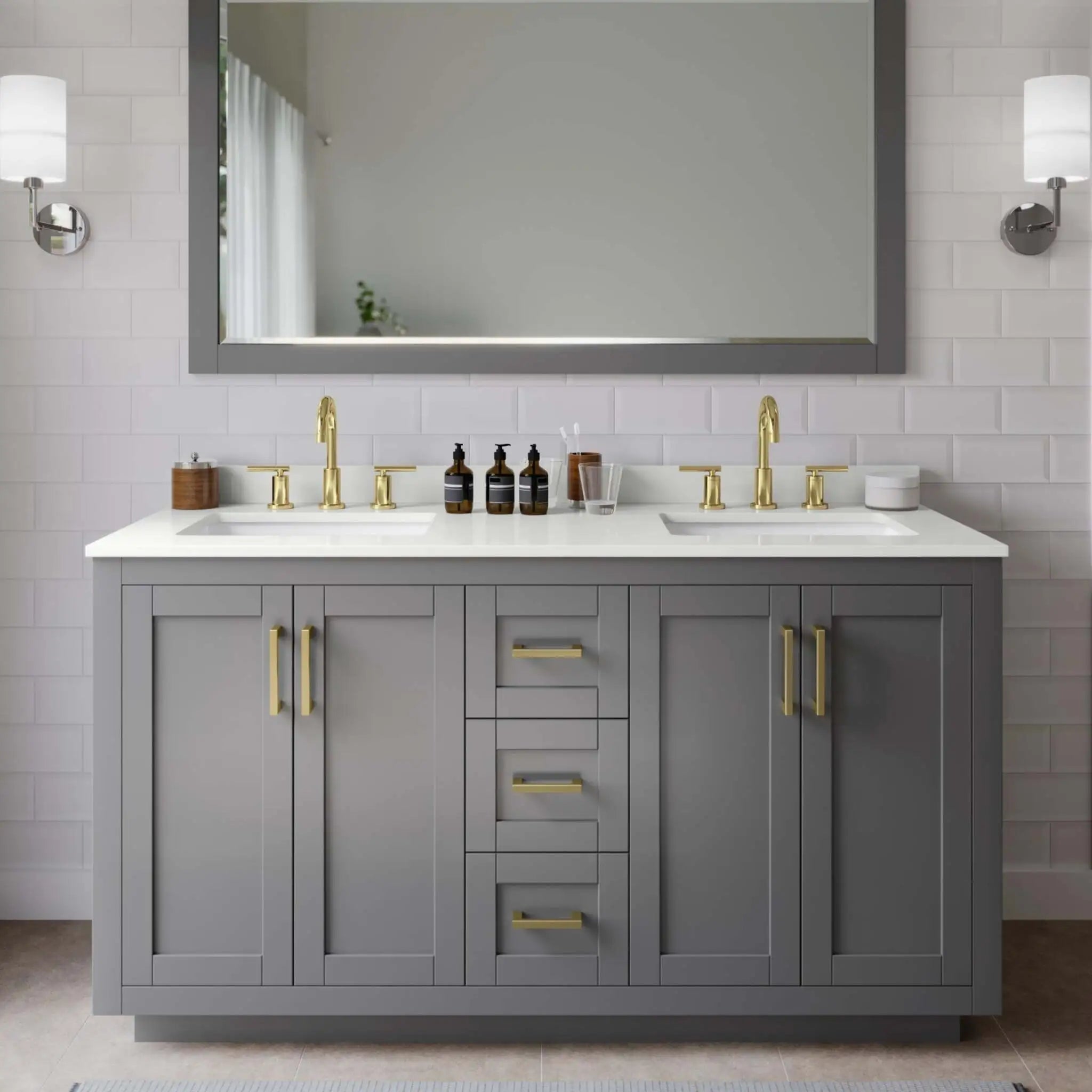 60" Miranda Double Bathroom Vanity in Dark Gray with Brushed Gold Trim & 58" Mirror by Wyndham