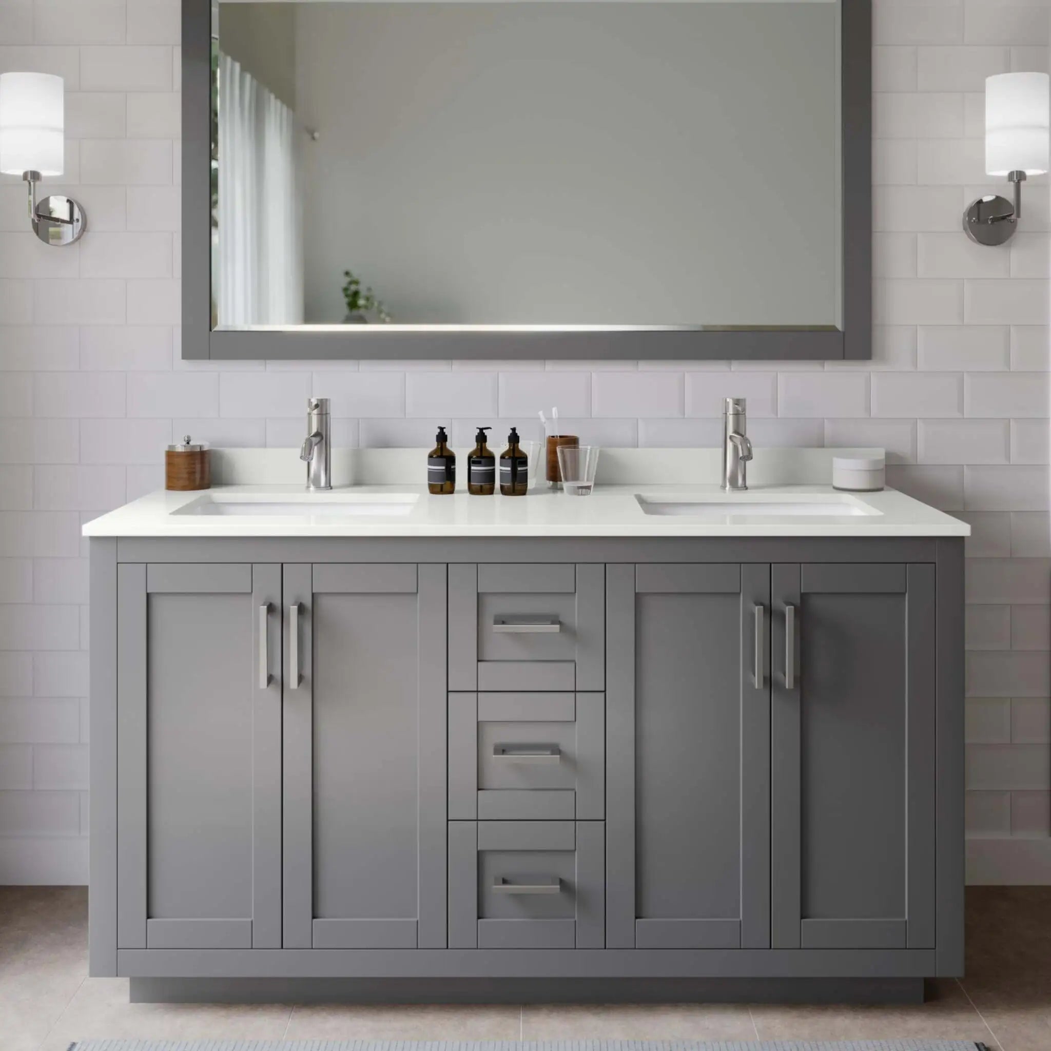 60" Miranda Double Bathroom Vanity in Dark Gray with Brushed Nickel Trim & 58" Mirror by Wyndham
