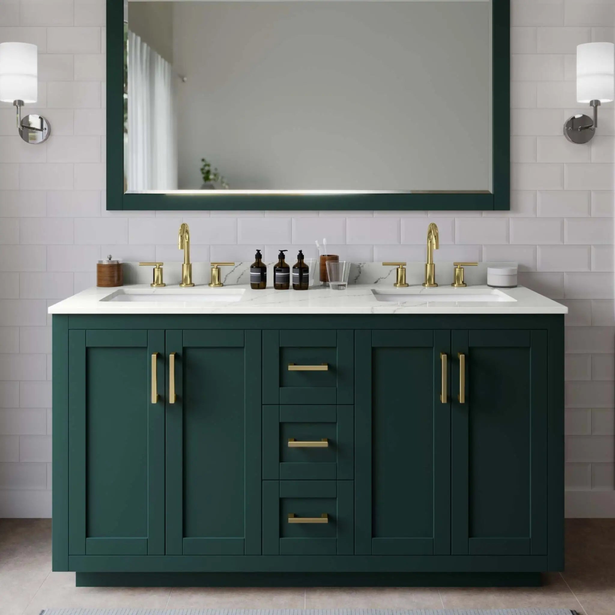 60" Miranda Double Bathroom Vanity in Green with Brushed Gold Trim by Wyndham