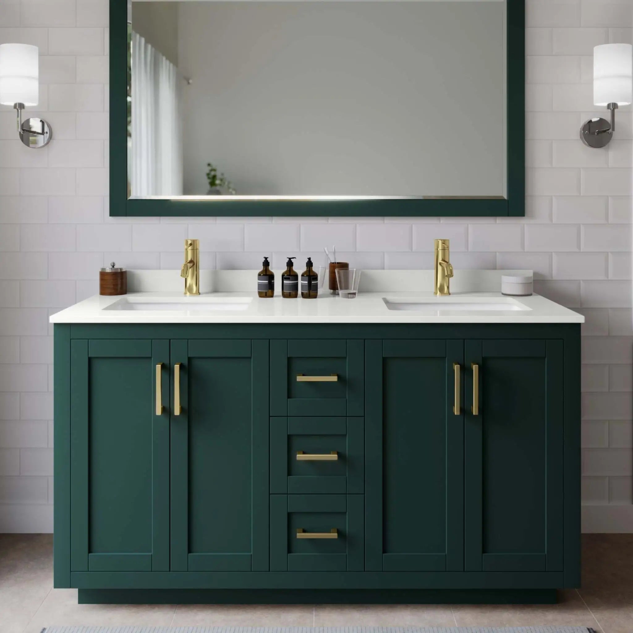 60" Miranda Double Bathroom Vanity in Green with Brushed Gold Trim by Wyndham