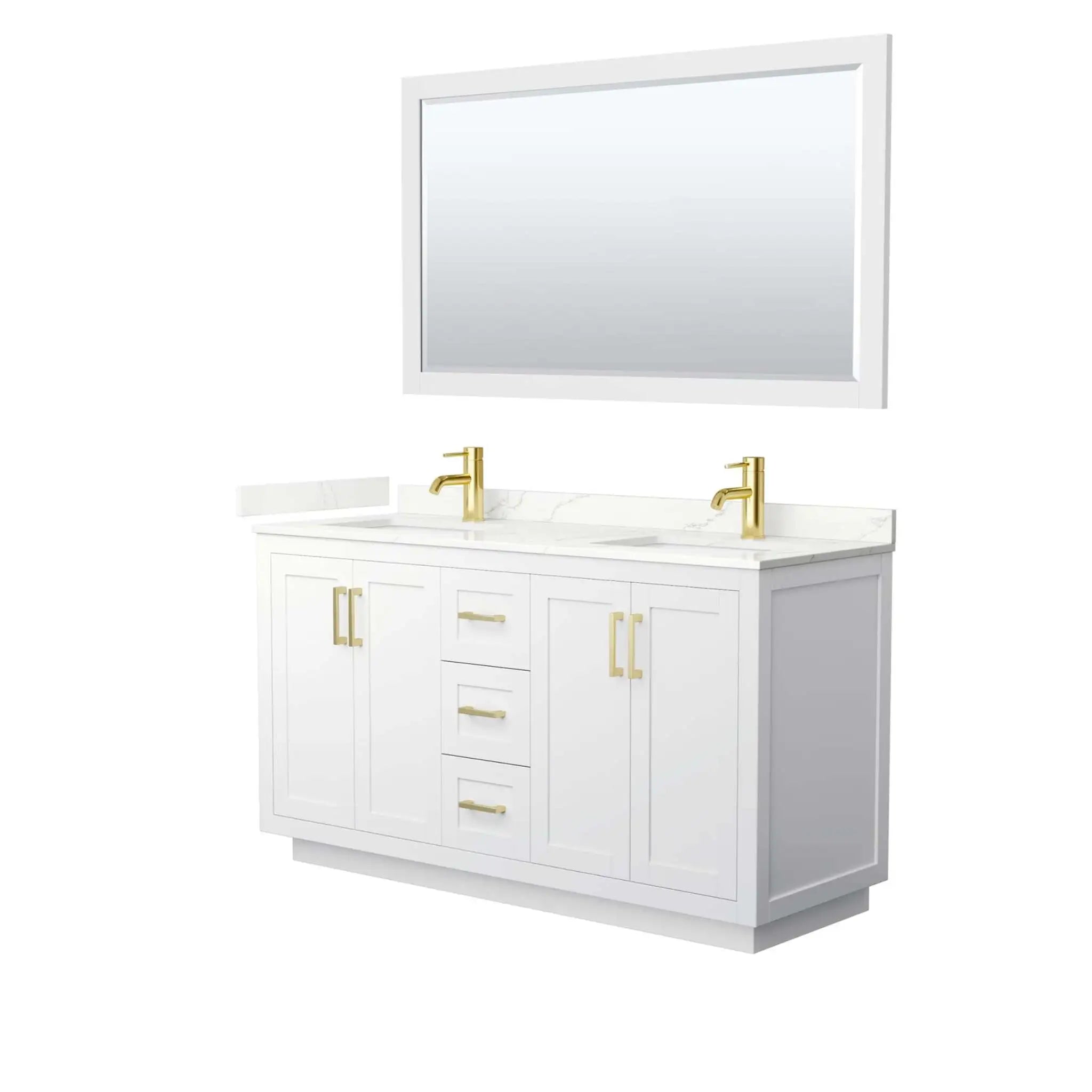 60" Miranda Double Bathroom Vanity in White with Brushed Gold Trim & 58" Mirror by Wyndham