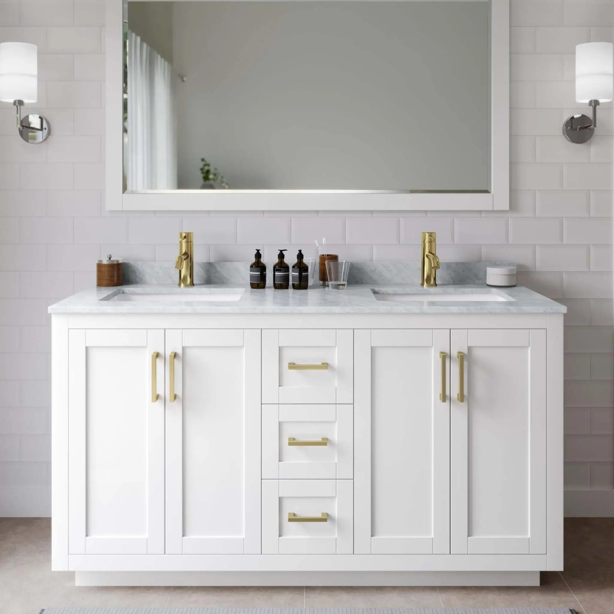 60" Miranda Double Bathroom Vanity in White with Brushed Gold Trim & 58" Mirror by Wyndham