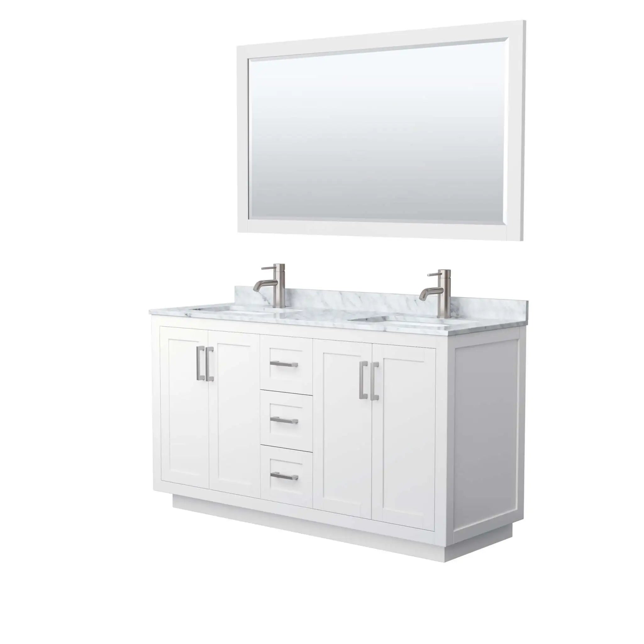 60" Miranda Double Bathroom Vanity in White with Brushed Nickel Trim & 58" Mirror by Wyndham