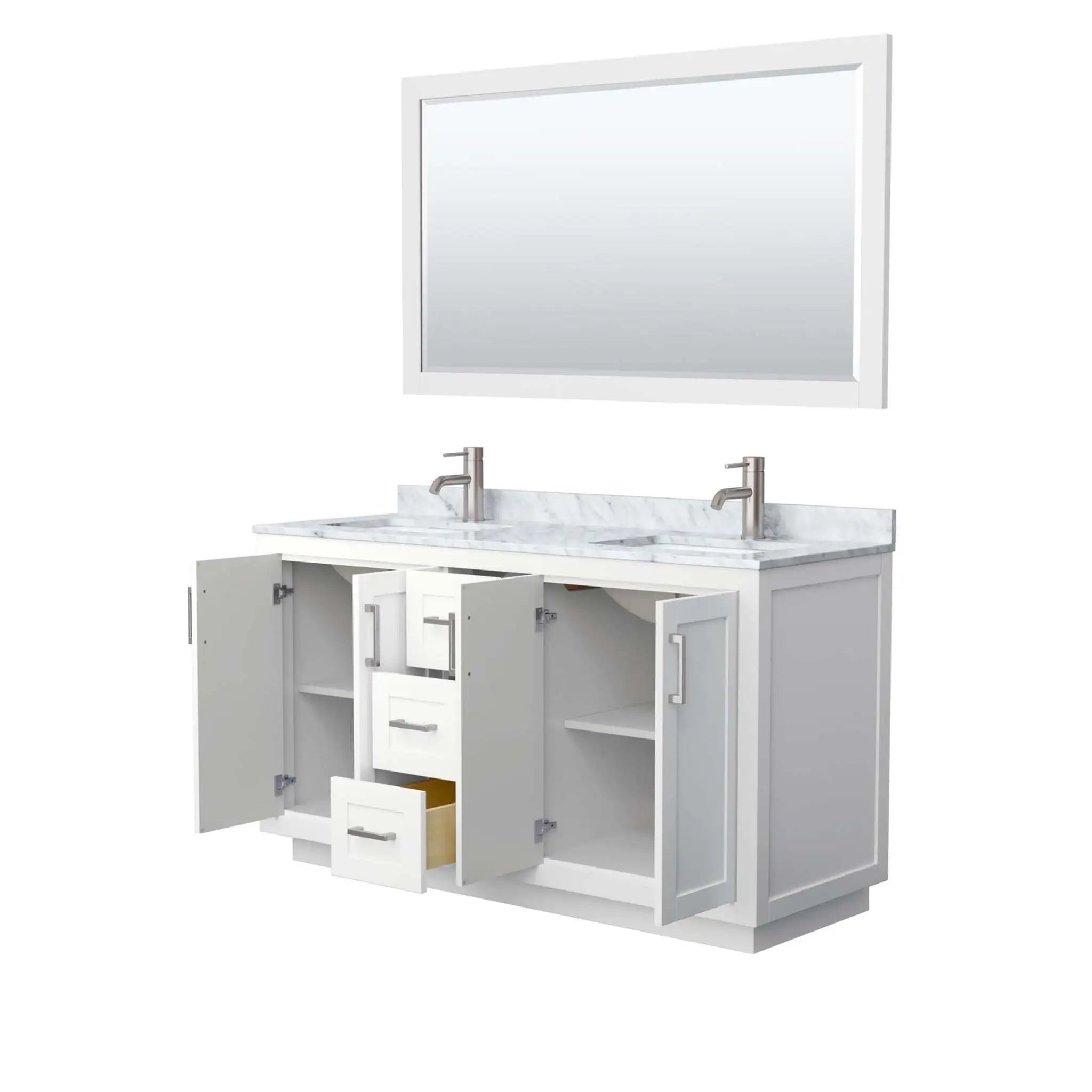 60" Miranda Double Bathroom Vanity in White with Brushed Nickel Trim & 58" Mirror by Wyndham