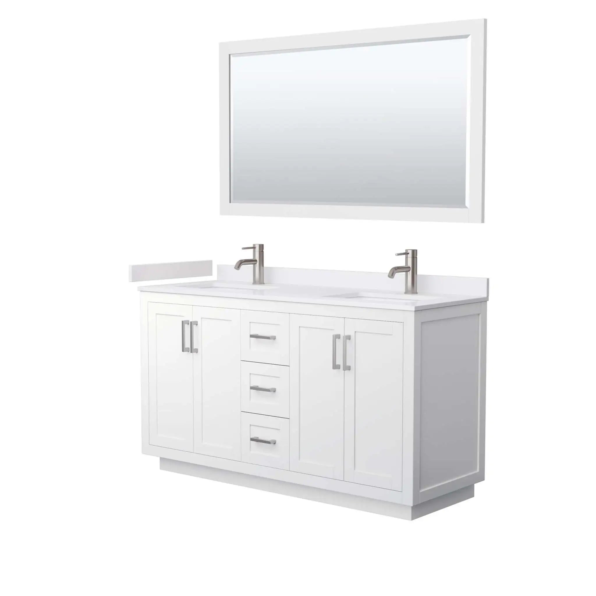 60" Miranda Double Bathroom Vanity in White with Brushed Nickel Trim & 58" Mirror by Wyndham