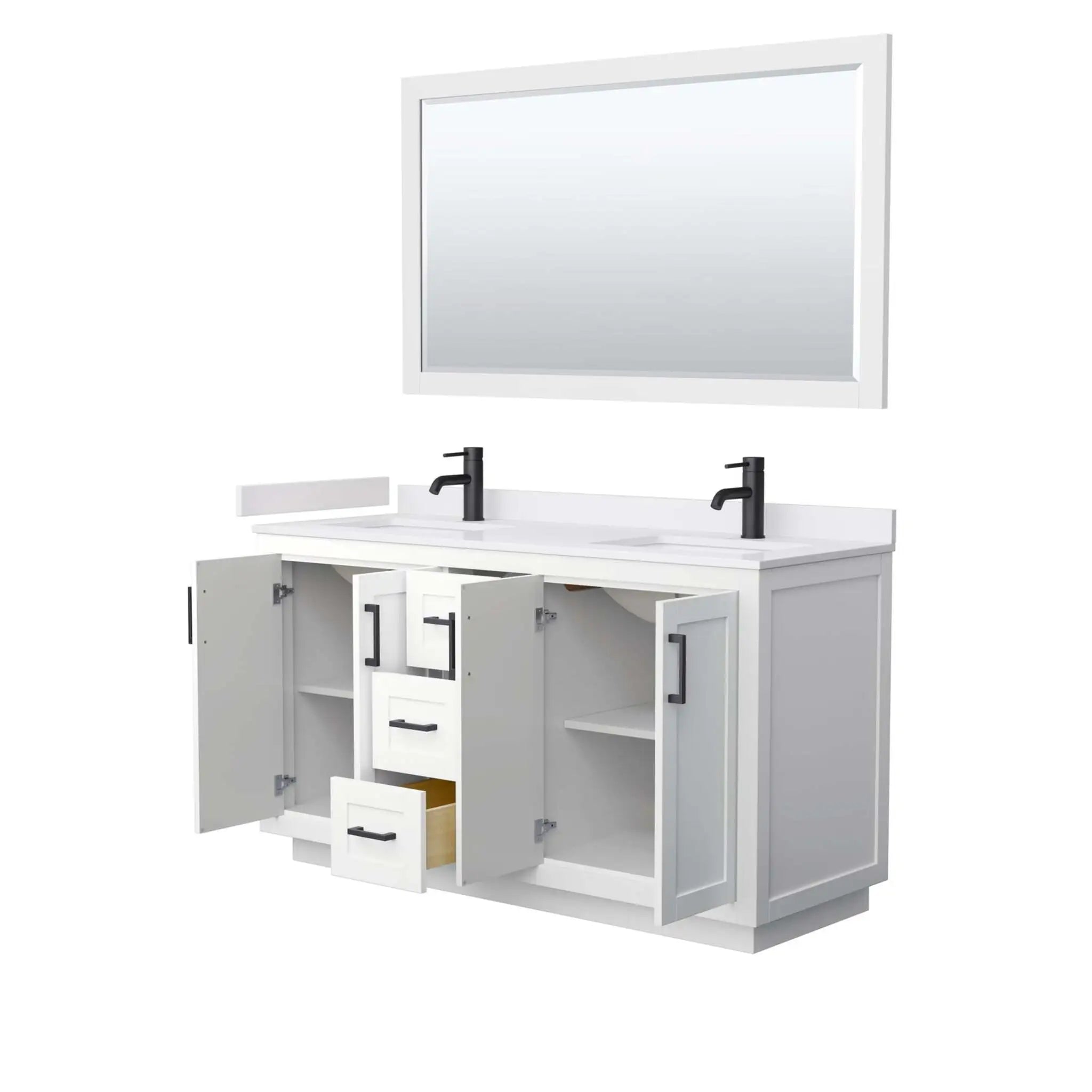 60" Miranda Double Bathroom Vanity in White with Matte Black Trim & 58" Mirror by Wyndham