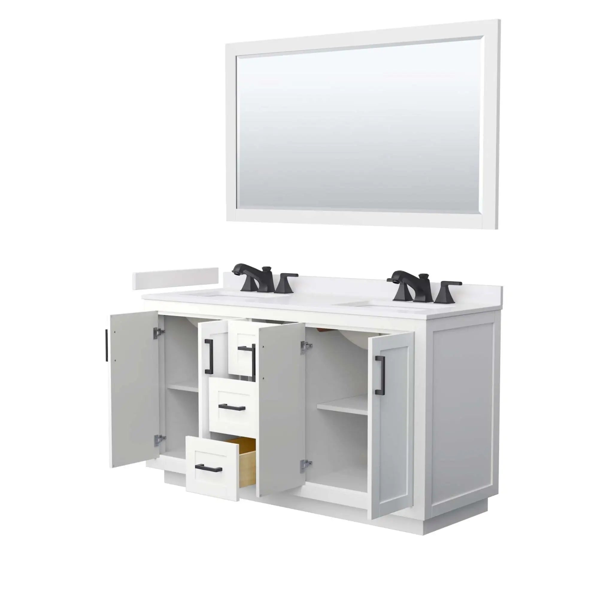 60" Miranda Double Bathroom Vanity in White with Matte Black Trim & 58" Mirror by Wyndham