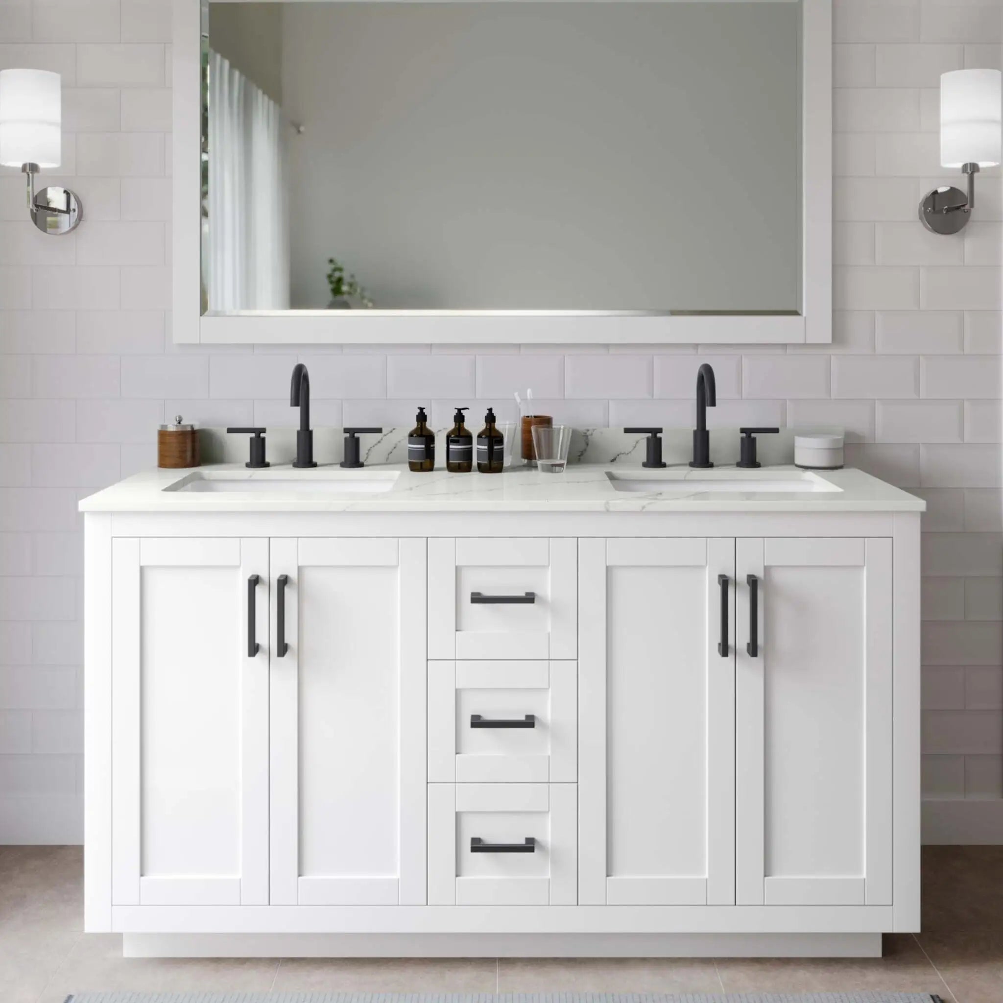60" Miranda Double Bathroom Vanity in White with Matte Black Trim by Wyndham