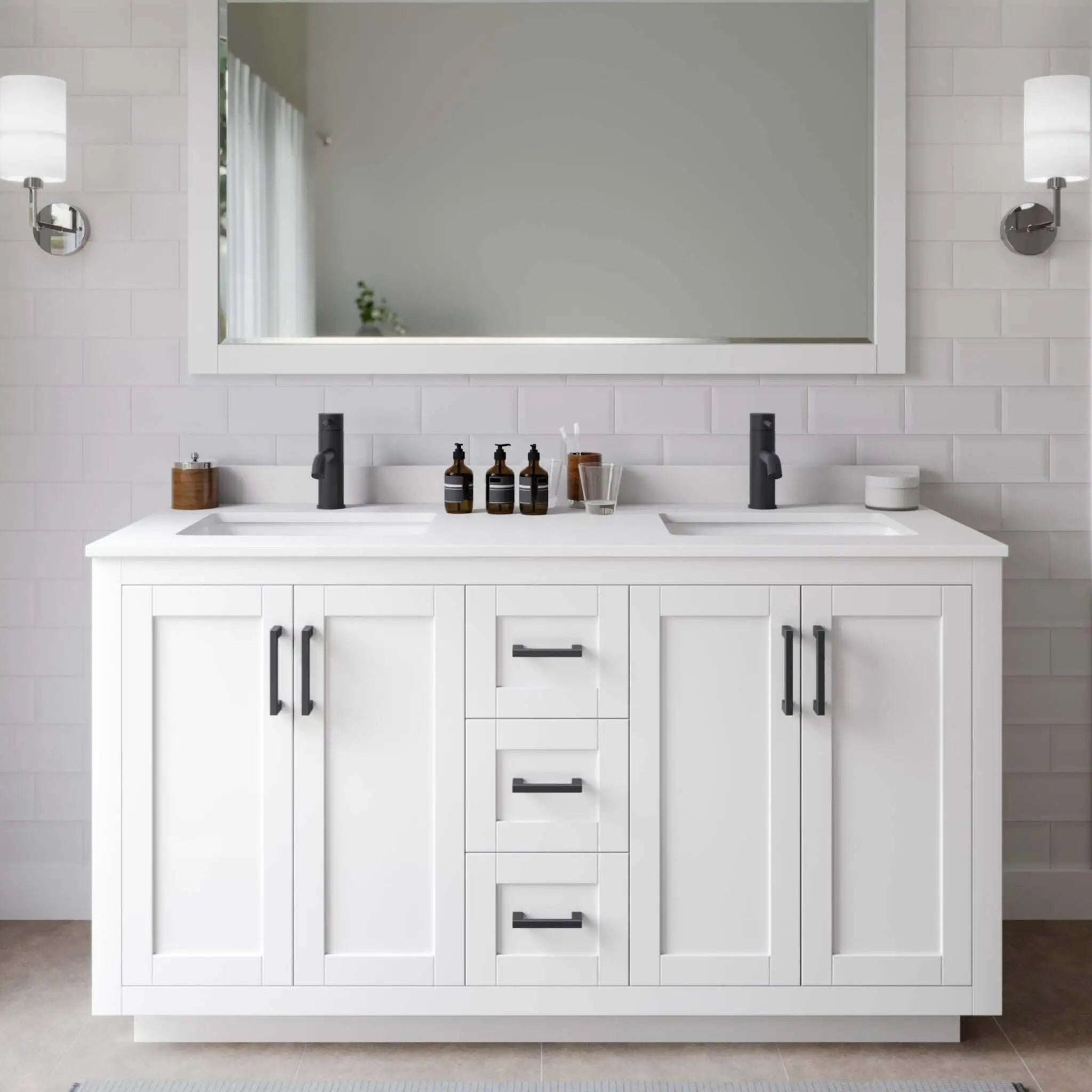 60" Miranda Double Bathroom Vanity in White with Matte Black Trim by Wyndham