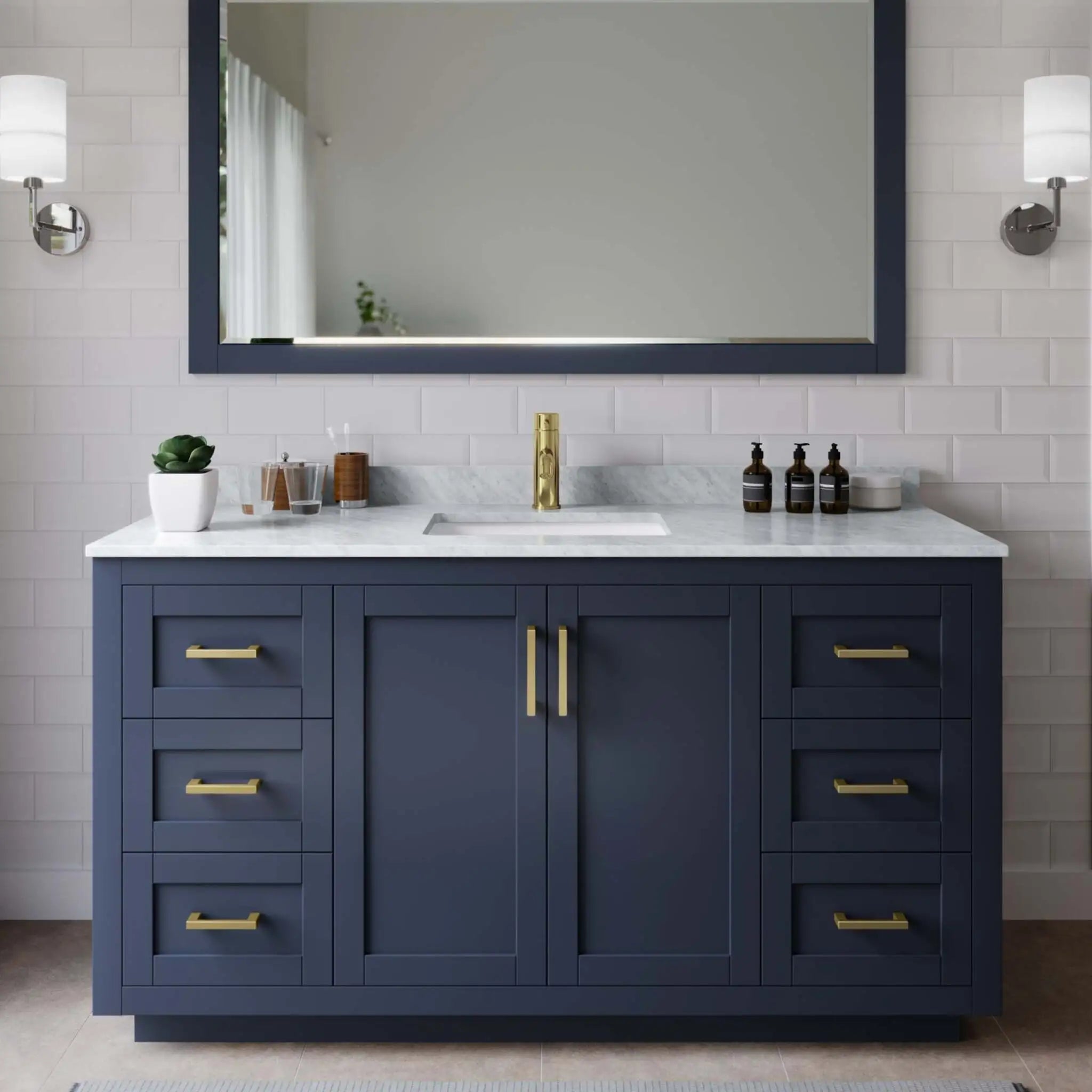 60" Miranda Single Bathroom Vanity in Dark Blue with Brushed Gold Trim & 58" Mirror by Wyndham