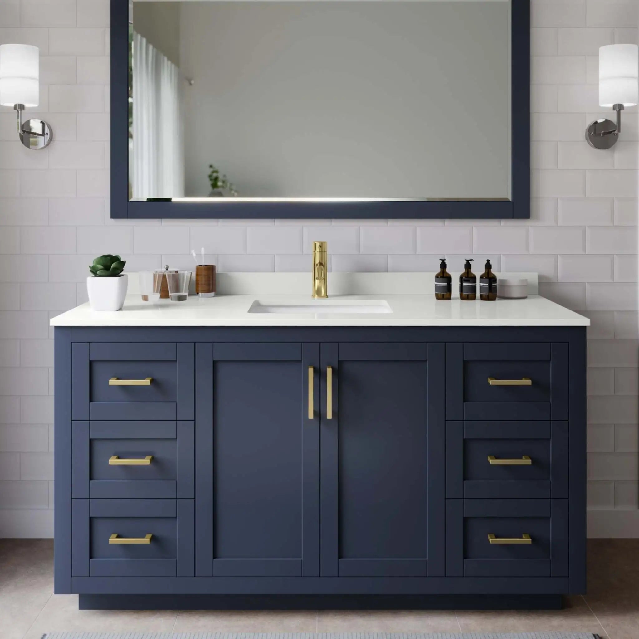 60" Miranda Single Bathroom Vanity in Dark Blue with Brushed Gold Trim by Wyndham