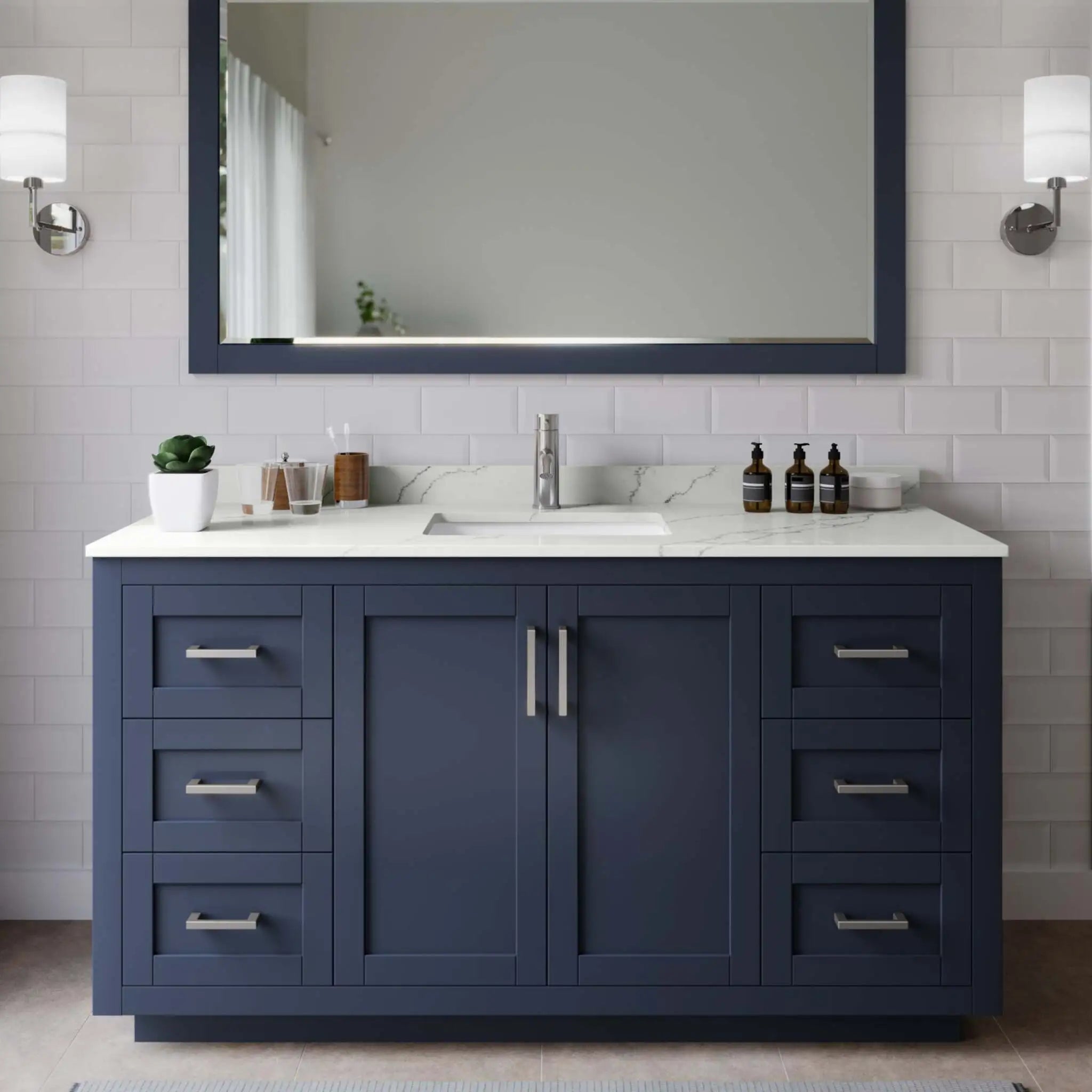 60" Miranda Single Bathroom Vanity in Dark Blue with Brushed Nickel Trim & 58" Mirror by Wyndham