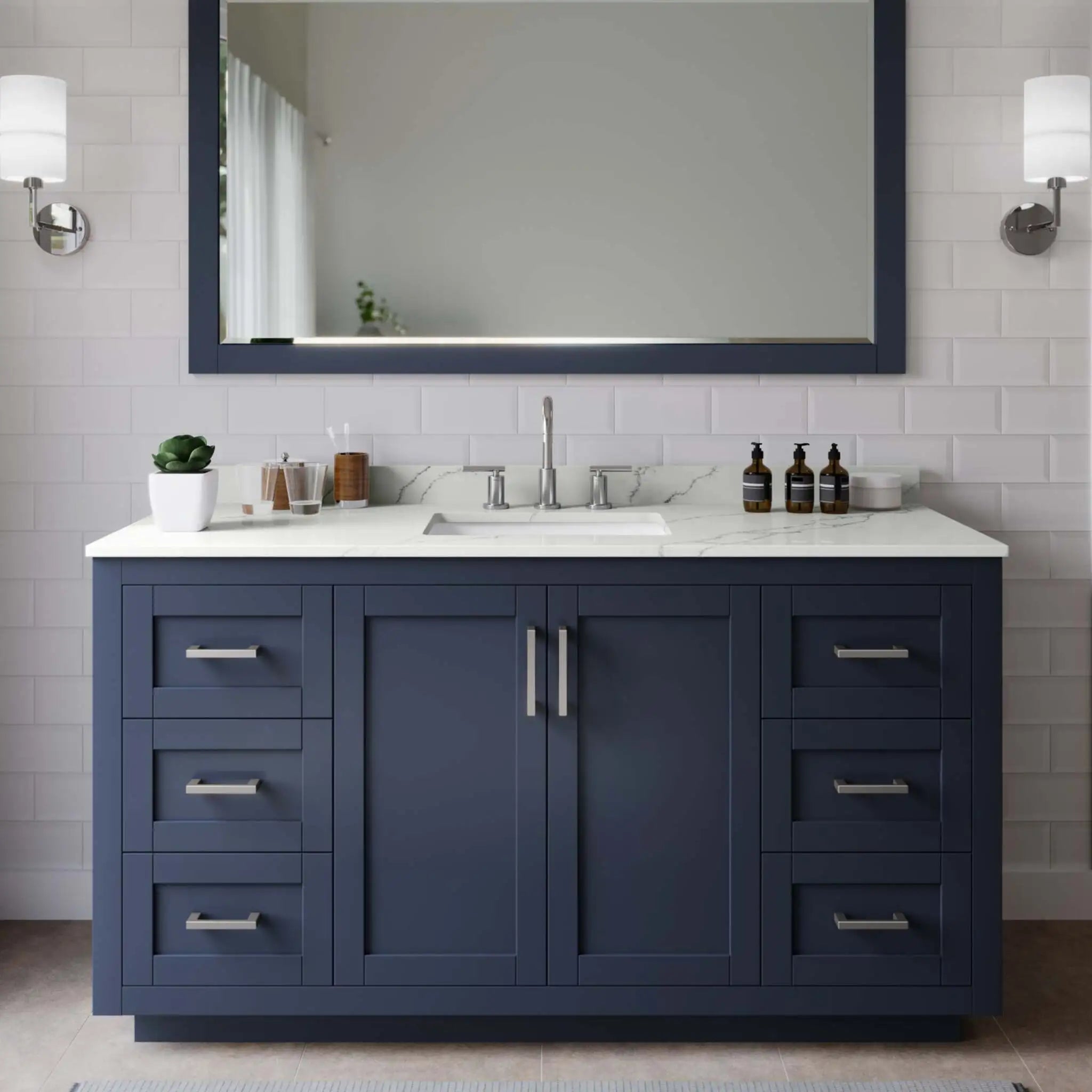60" Miranda Single Bathroom Vanity in Dark Blue with Brushed Nickel Trim & 58" Mirror by Wyndham