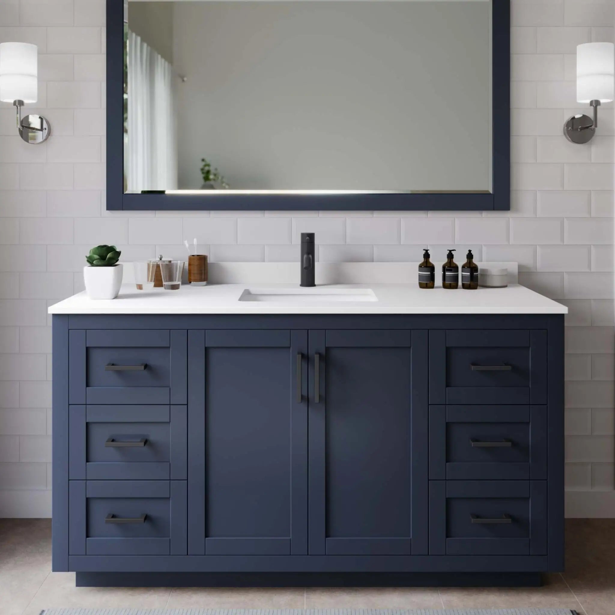 60" Miranda Single Bathroom Vanity in Dark Blue with Matte Black Trim & 58" Mirror by Wyndham