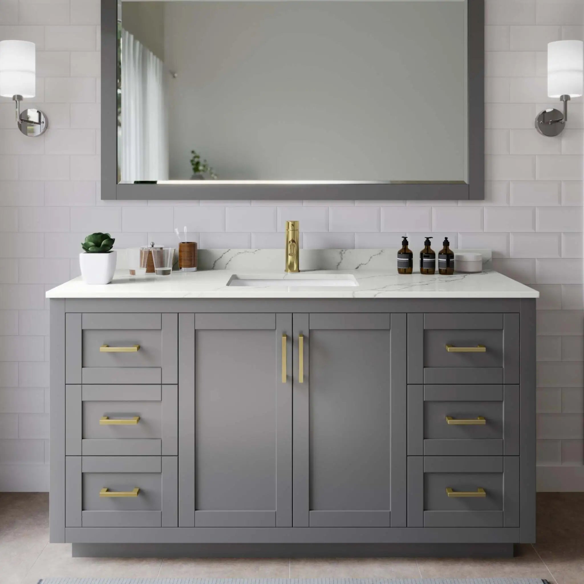 60" Miranda Single Bathroom Vanity in Dark Gray with Brushed Gold Trim & 58" Mirror by Wyndham