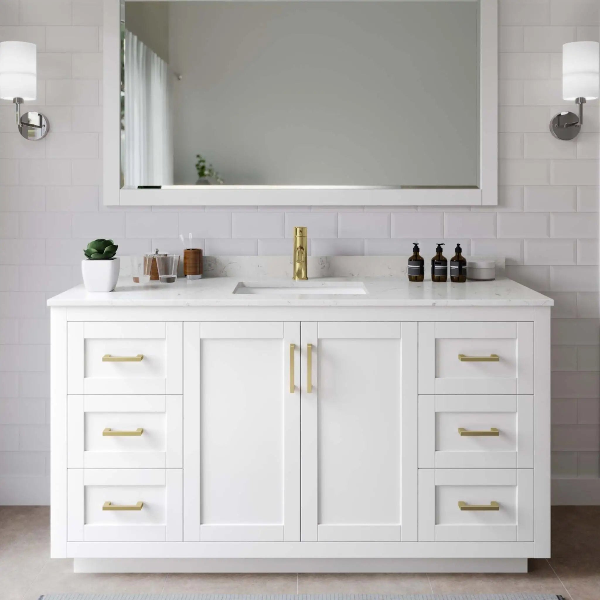 60" Miranda Single Bathroom Vanity in White with Brushed Gold Trim & 58" Mirror by Wyndham