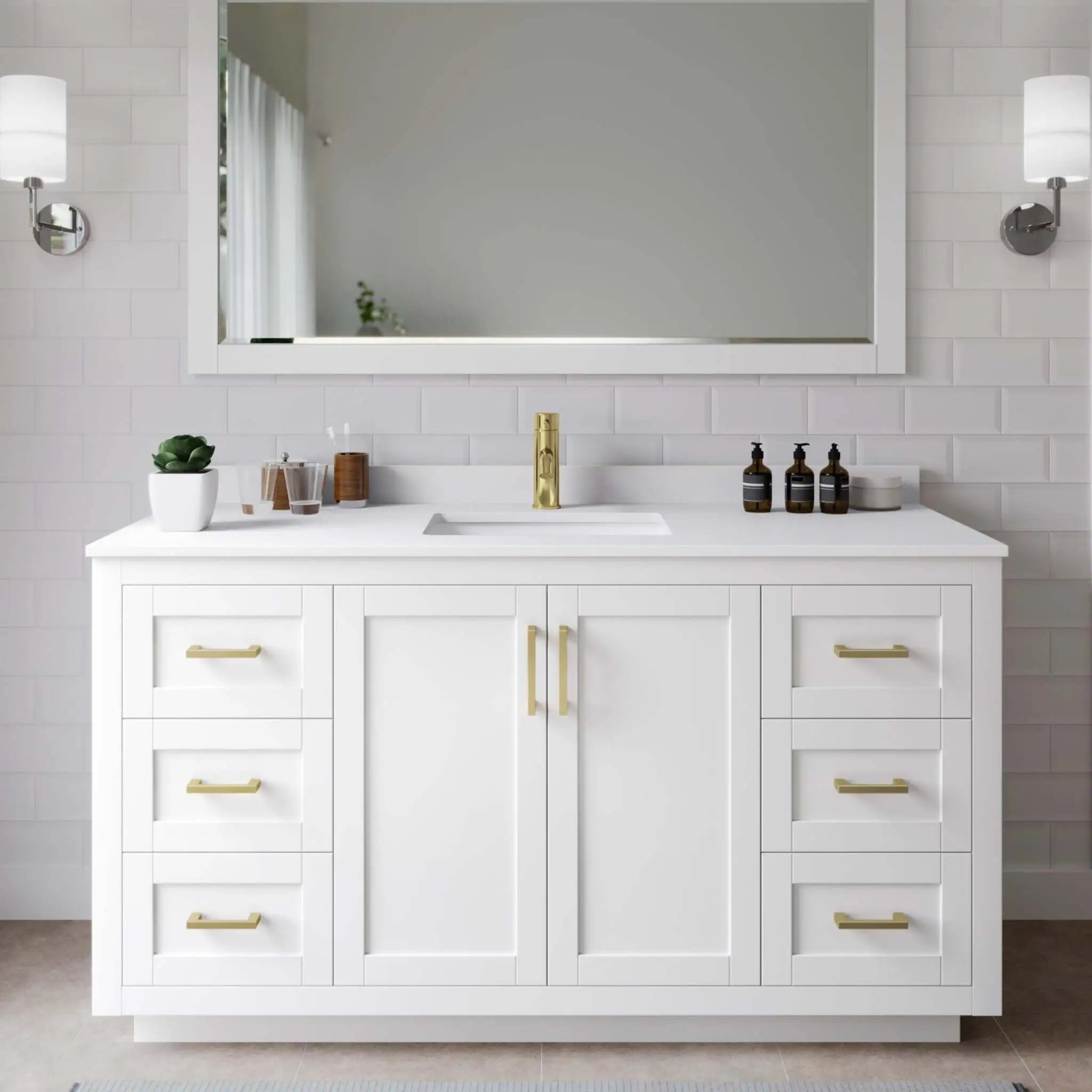 60" Miranda Single Bathroom Vanity in White with Brushed Gold Trim & 58" Mirror by Wyndham