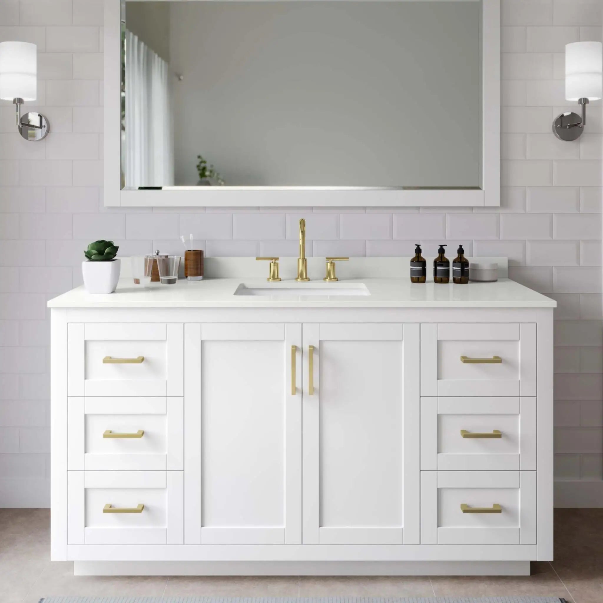60" Miranda Single Bathroom Vanity in White with Brushed Gold Trim & 58" Mirror by Wyndham